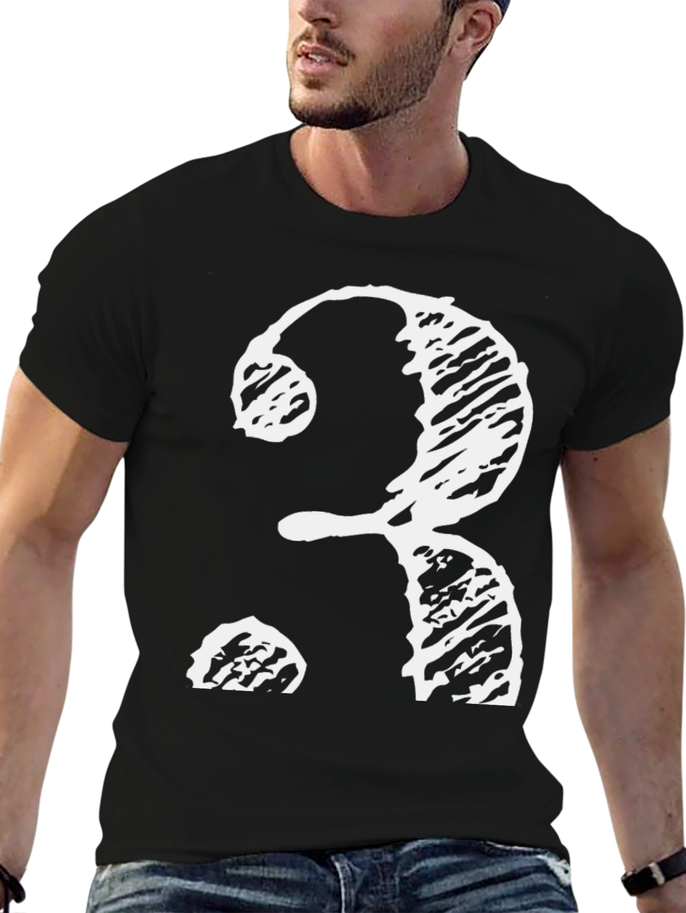 Black T-Shirt with Distressed White Question Mark