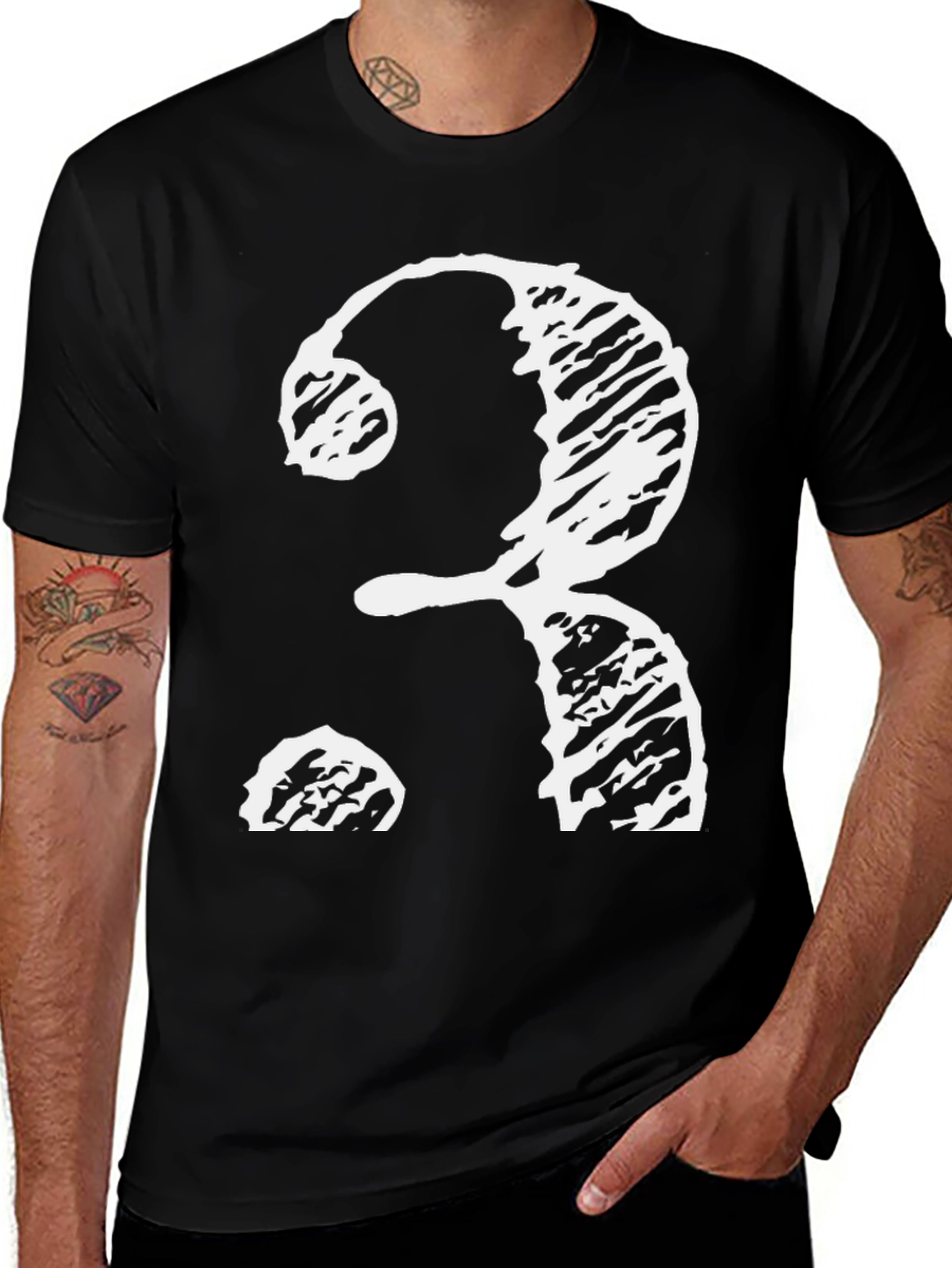 Black T-Shirt with Distressed White Question Mark