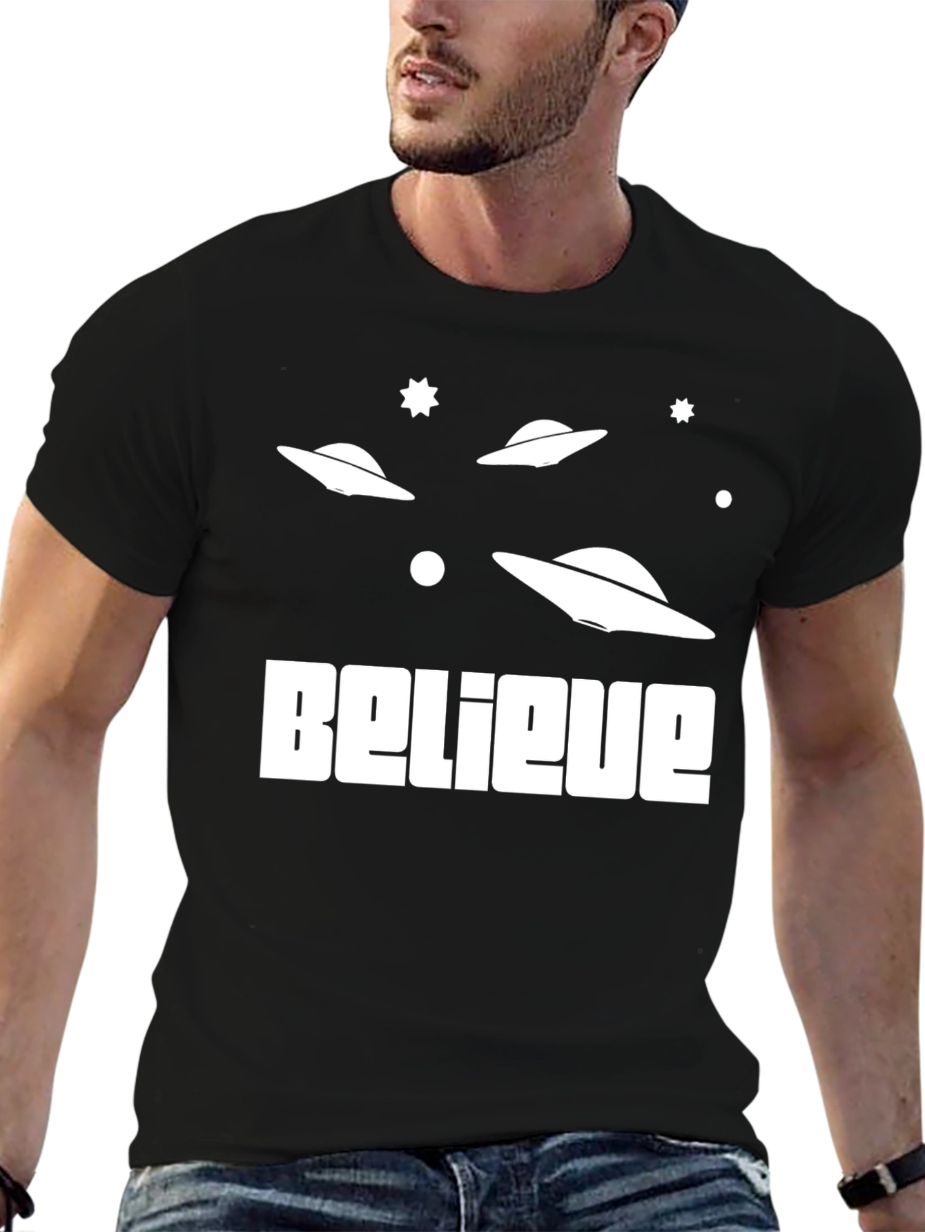 Believe Alien UFO Graphic Tee - Black