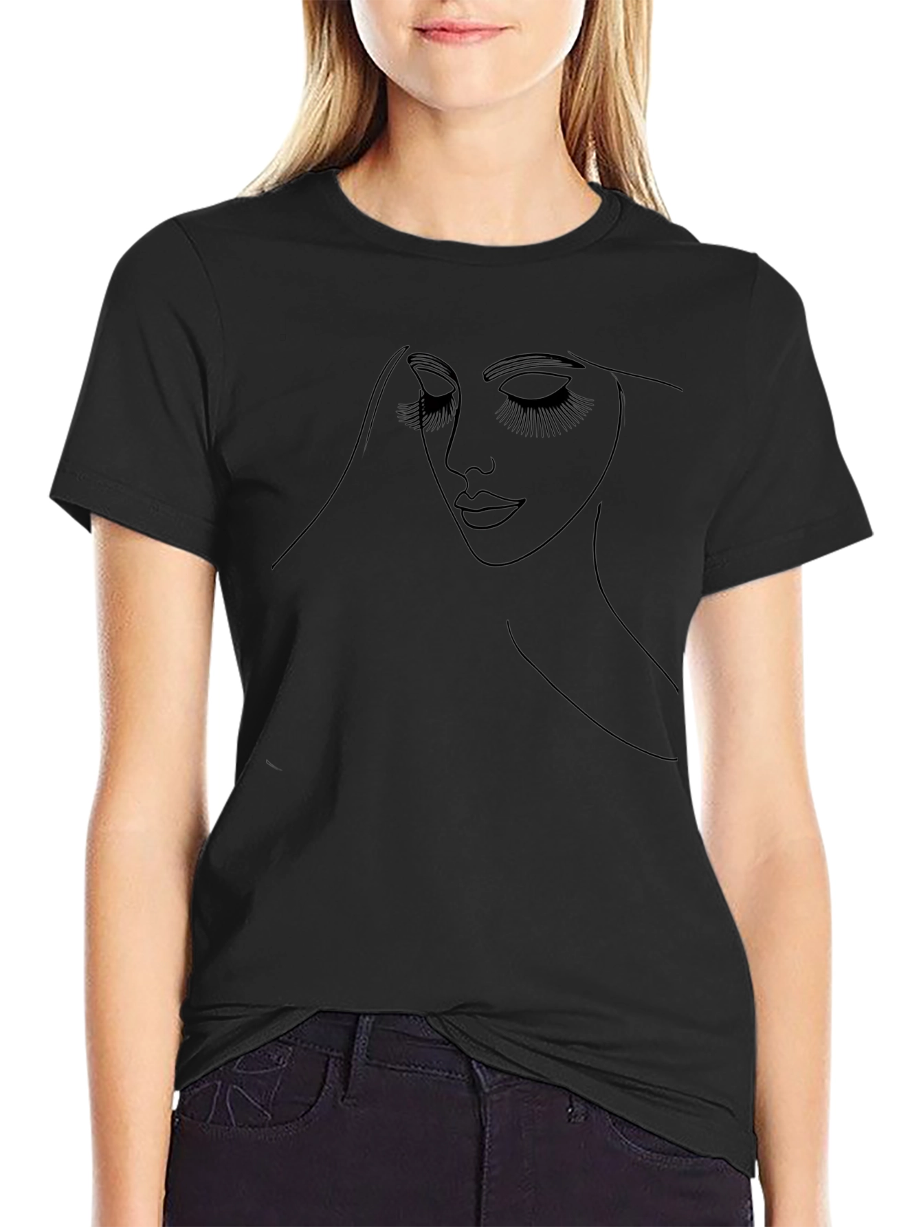 Minimalist Woman Face Line Art Black T-Shirt