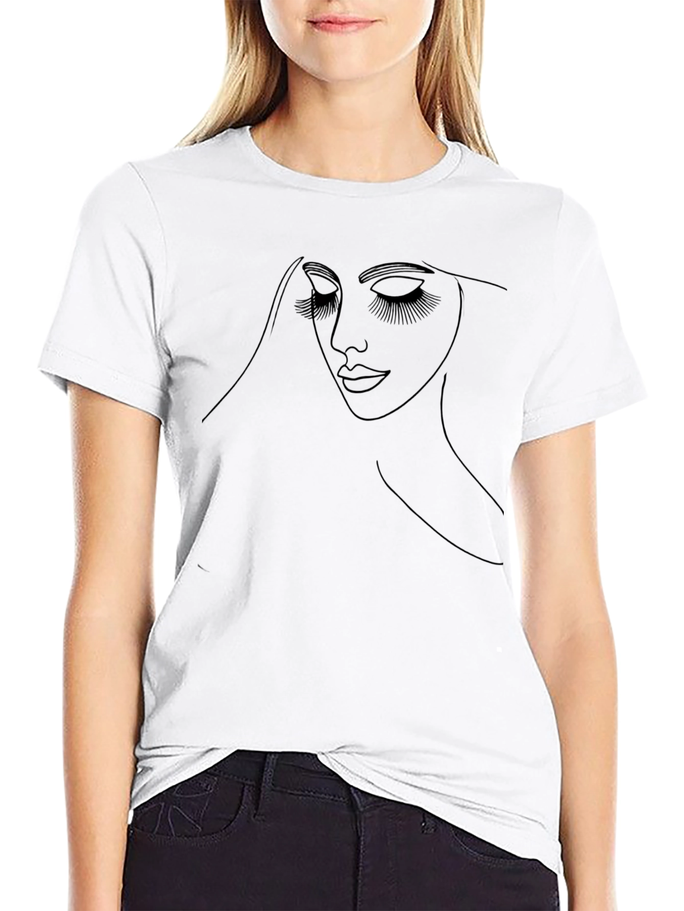 Minimalist Woman Face Line Art Black T-Shirt