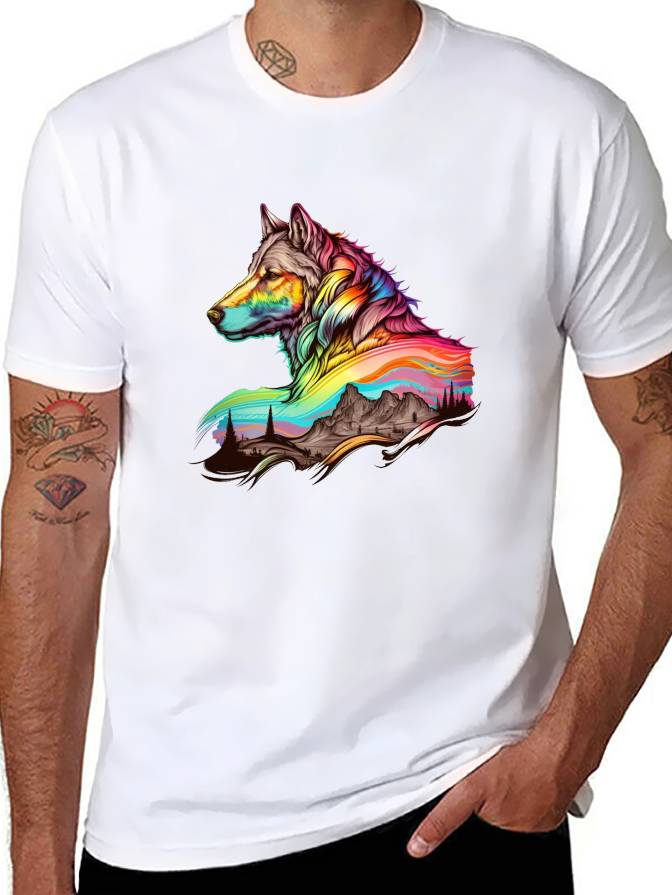 Vibrant Wolf Graphic Tee - Unique Mens Black T-Shirt