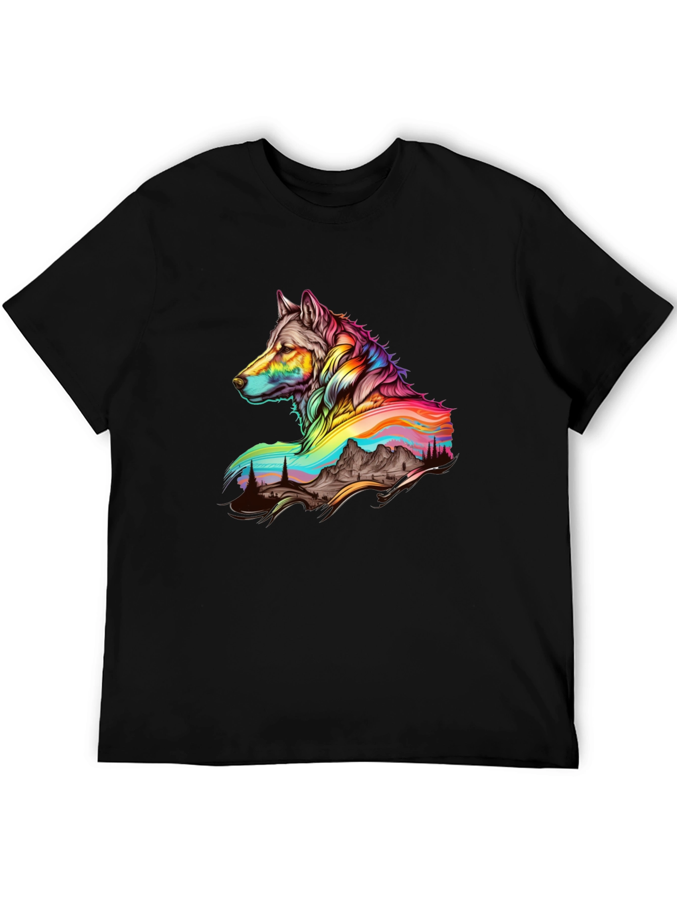 Vibrant Wolf Graphic Tee - Unique Mens Black T-Shirt