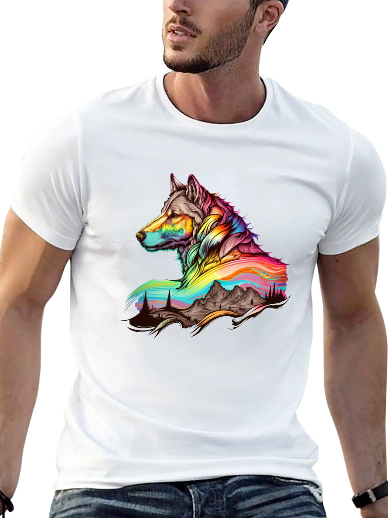 Vibrant Wolf Graphic Tee - Unique Mens Black T-Shirt