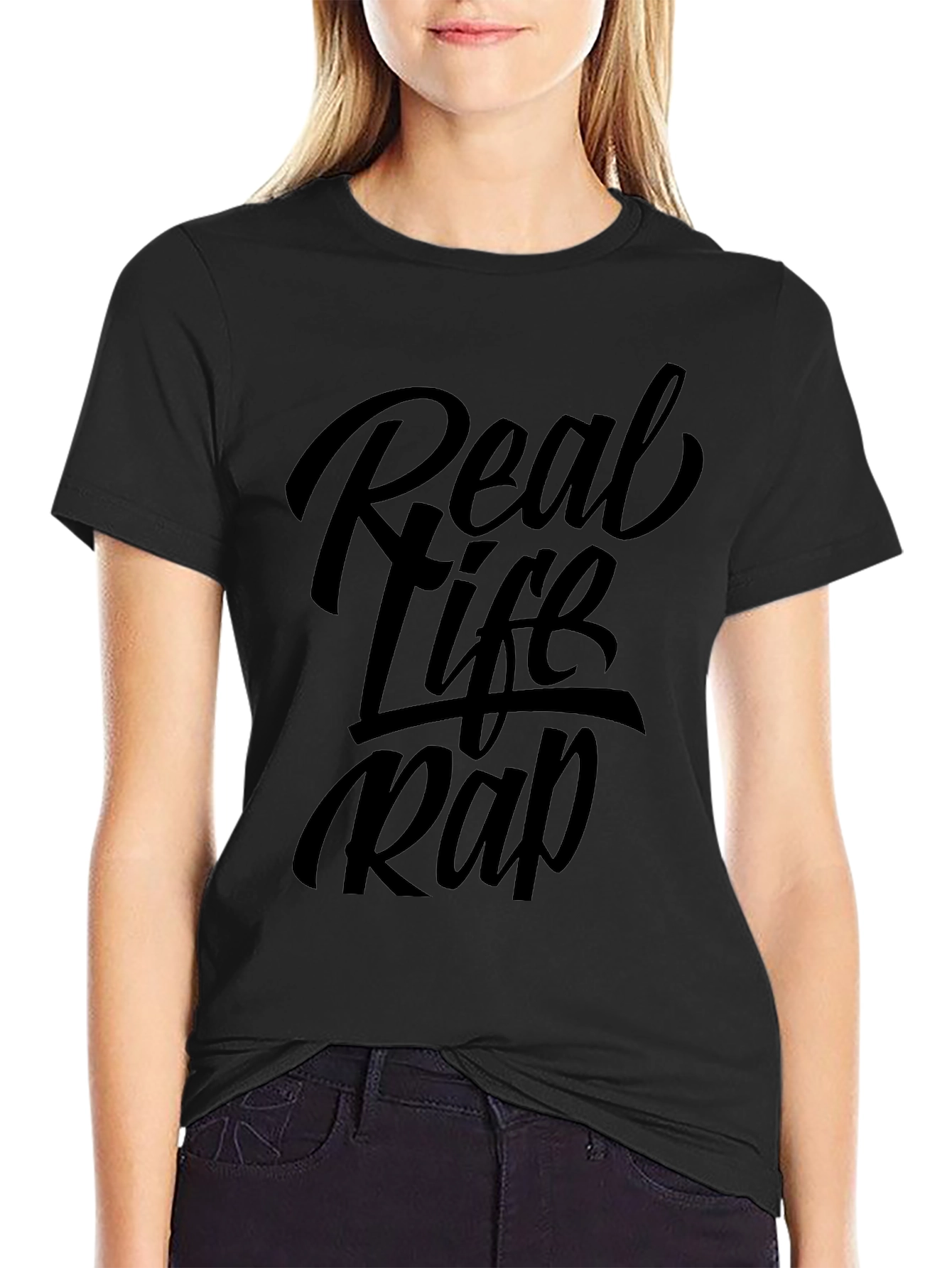 Real Life Rap Black Graphic Tee Shirt
