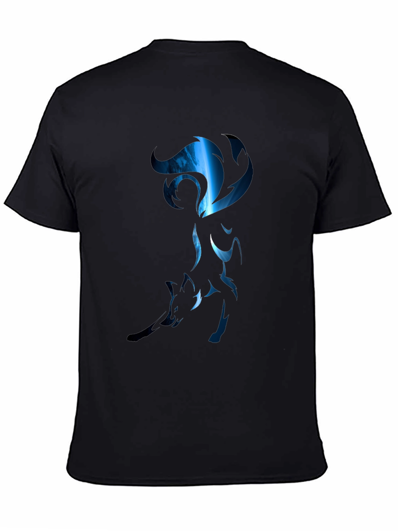 Mens Black T-Shirt with Stylized Blue Fox Design