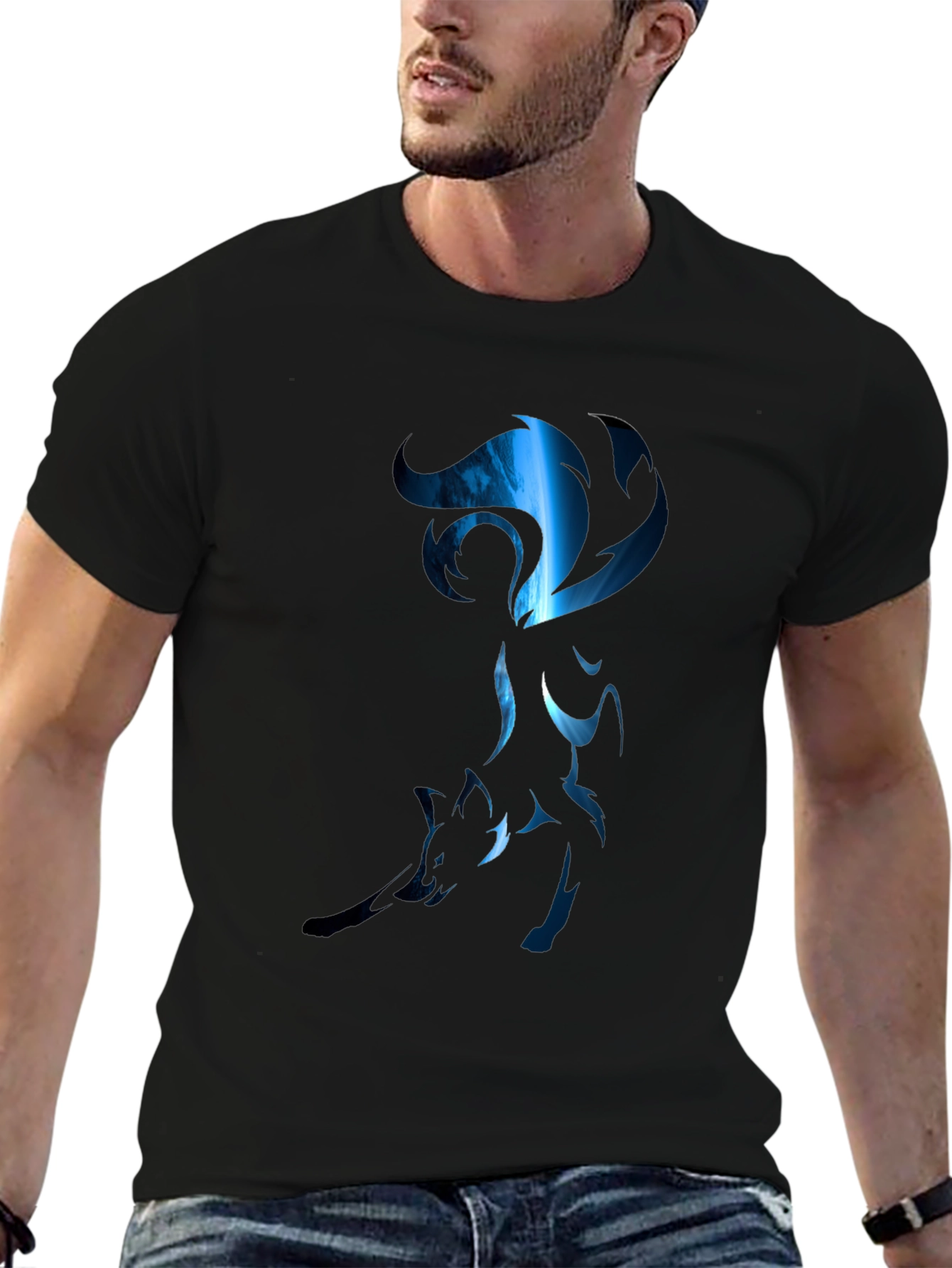 Mens Black T-Shirt with Stylized Blue Fox Design