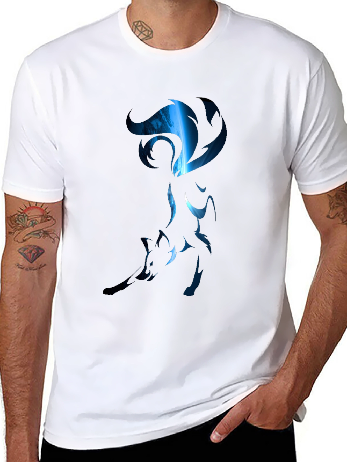 Mens Black T-Shirt with Stylized Blue Fox Design