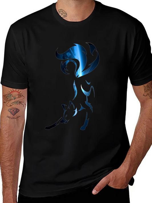 Mens Black T-Shirt with Stylized Blue Fox Design