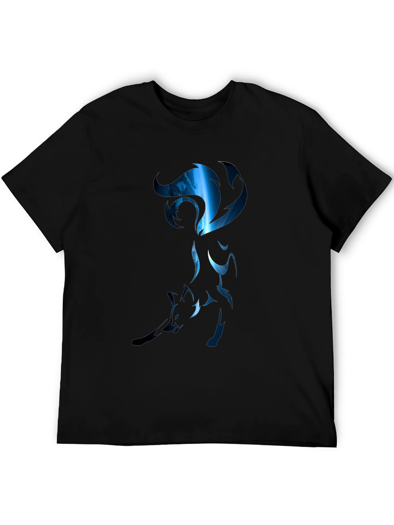 Mens Black T-Shirt with Stylized Blue Fox Design