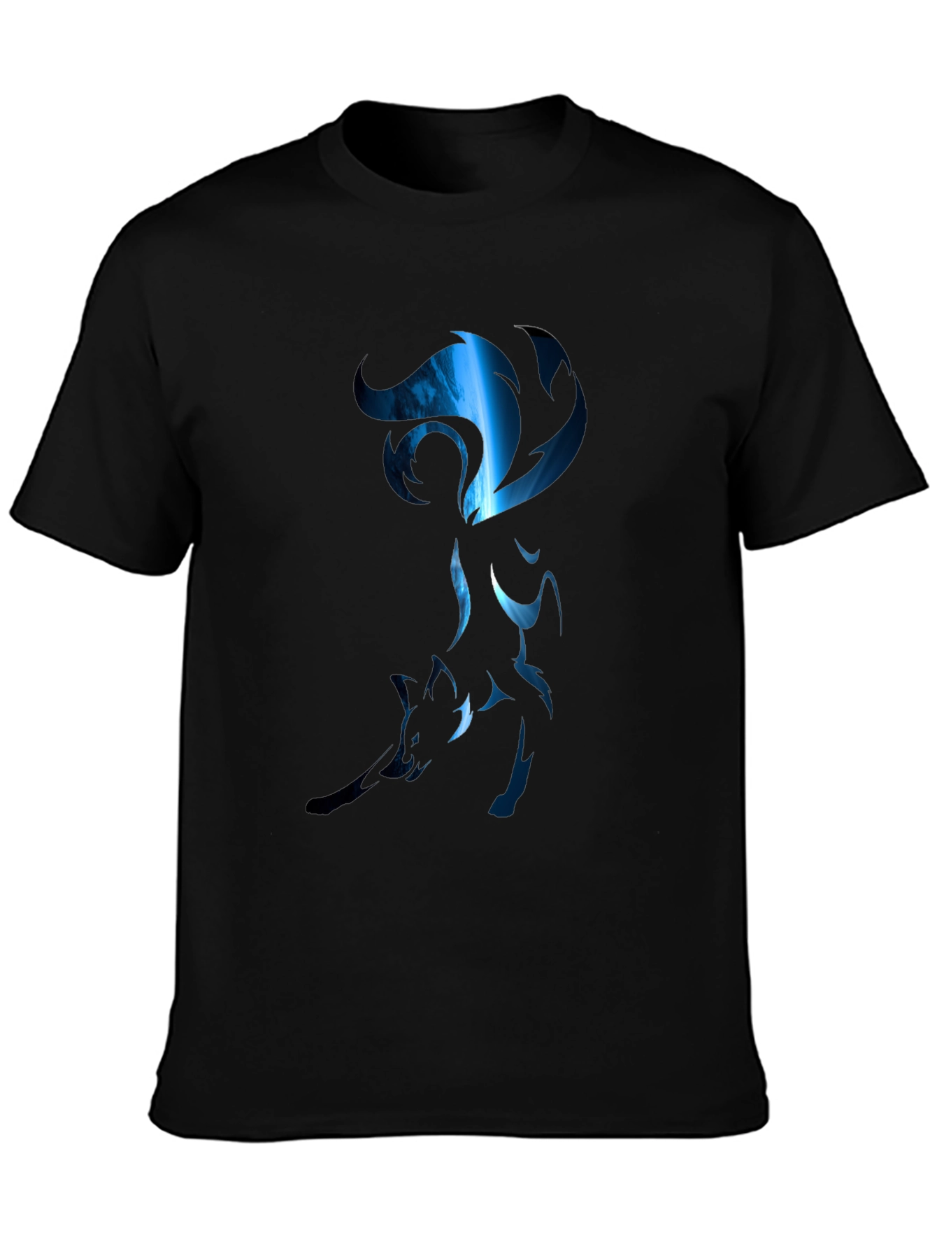 Mens Black T-Shirt with Stylized Blue Fox Design