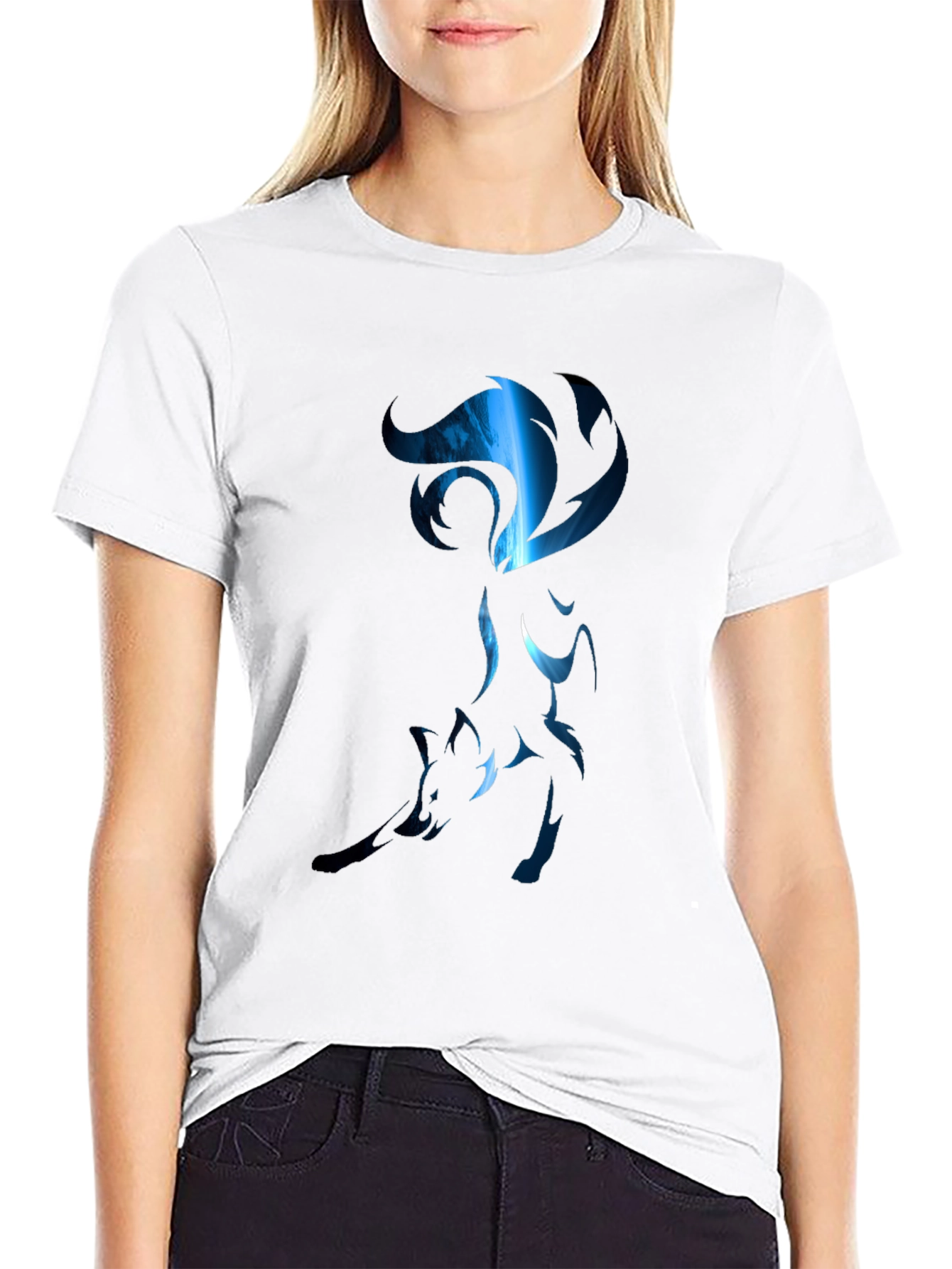 Mens Black T-Shirt with Stylized Blue Fox Design