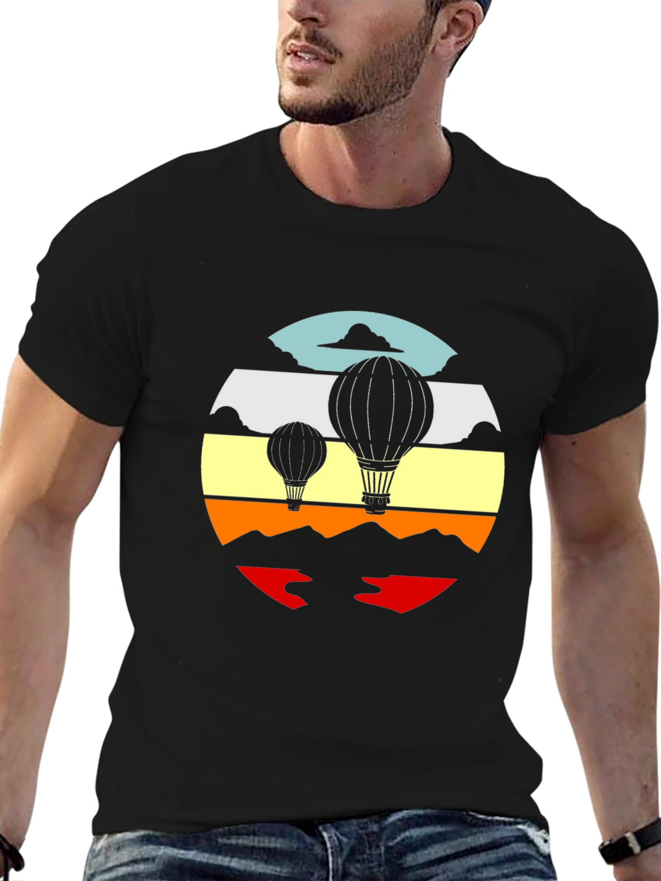Retro Hot Air Balloon Graphic Tee - Black