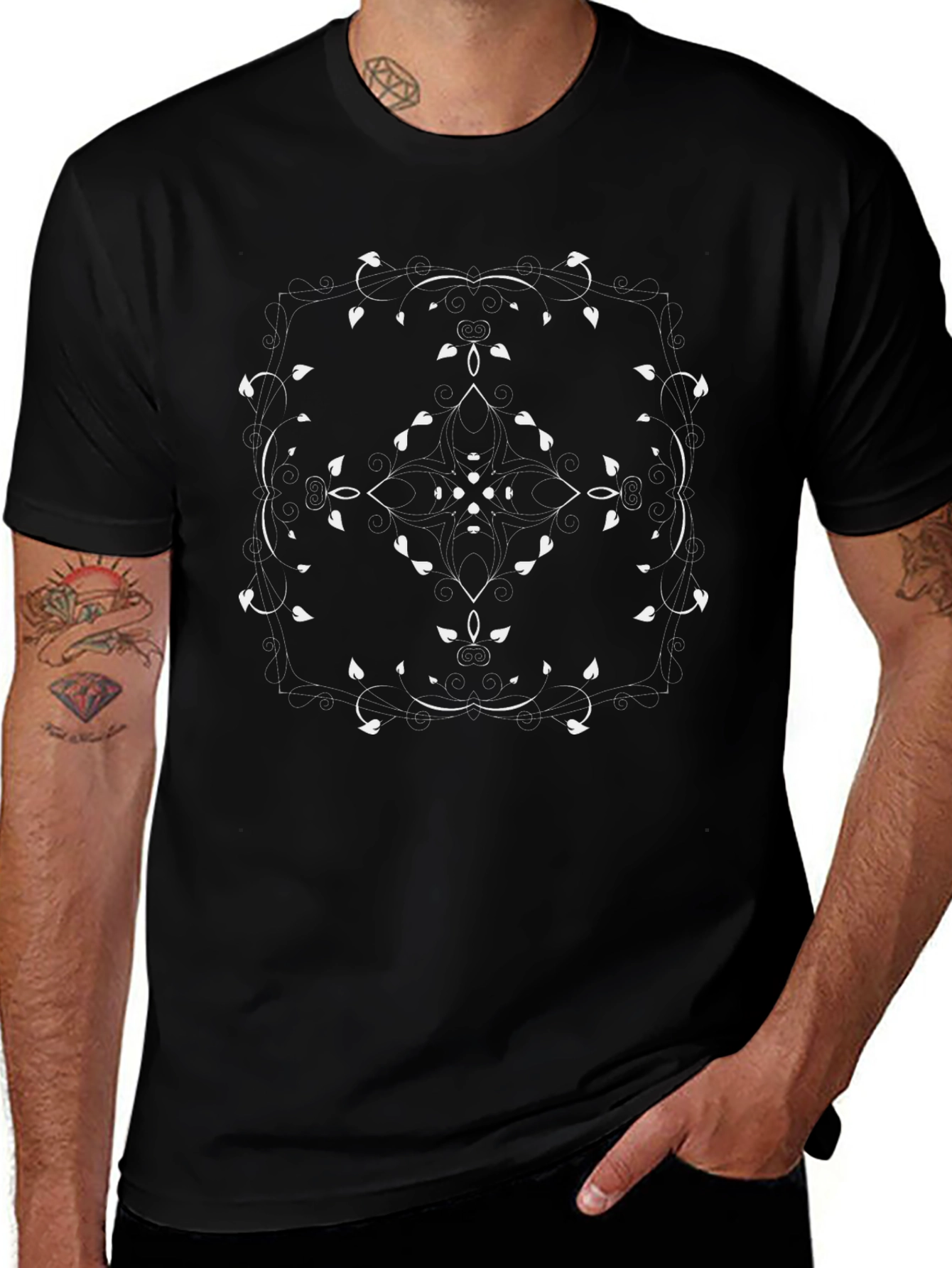 Elegant Black T-Shirt with Floral Mandala Design