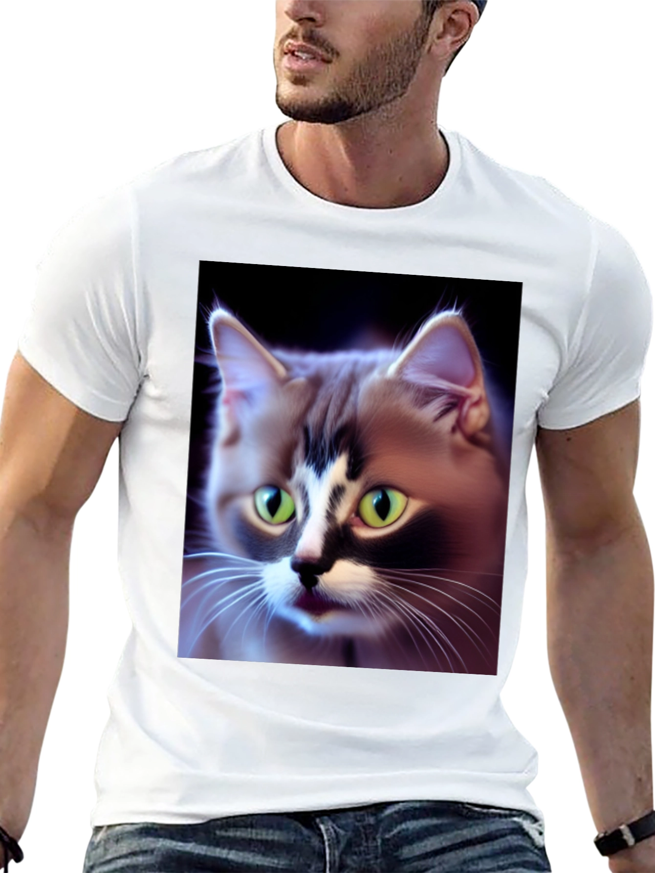 Cat Lover T-Shirt: Green-Eyed Feline Portrait Tee