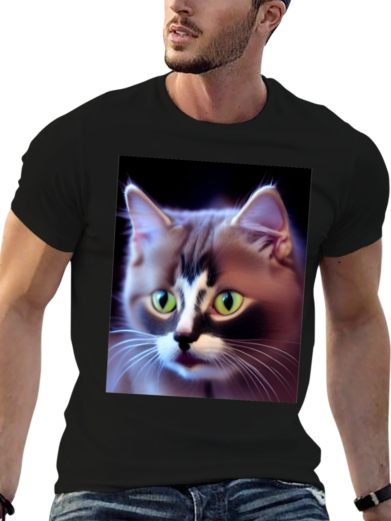 Cat Lover T-Shirt: Green-Eyed Feline Portrait Tee