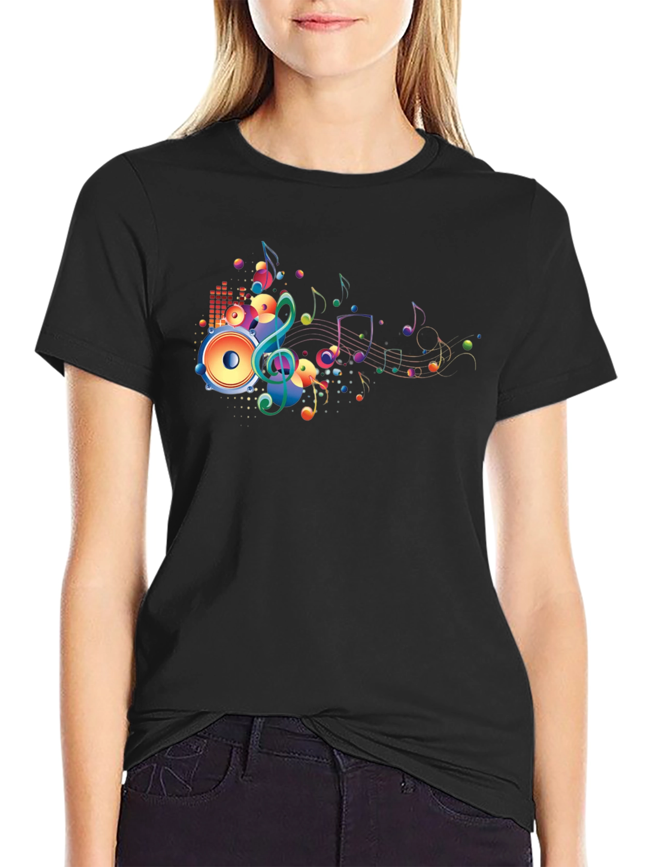 Vibrant Music Notes Graphic Black T-Shirt