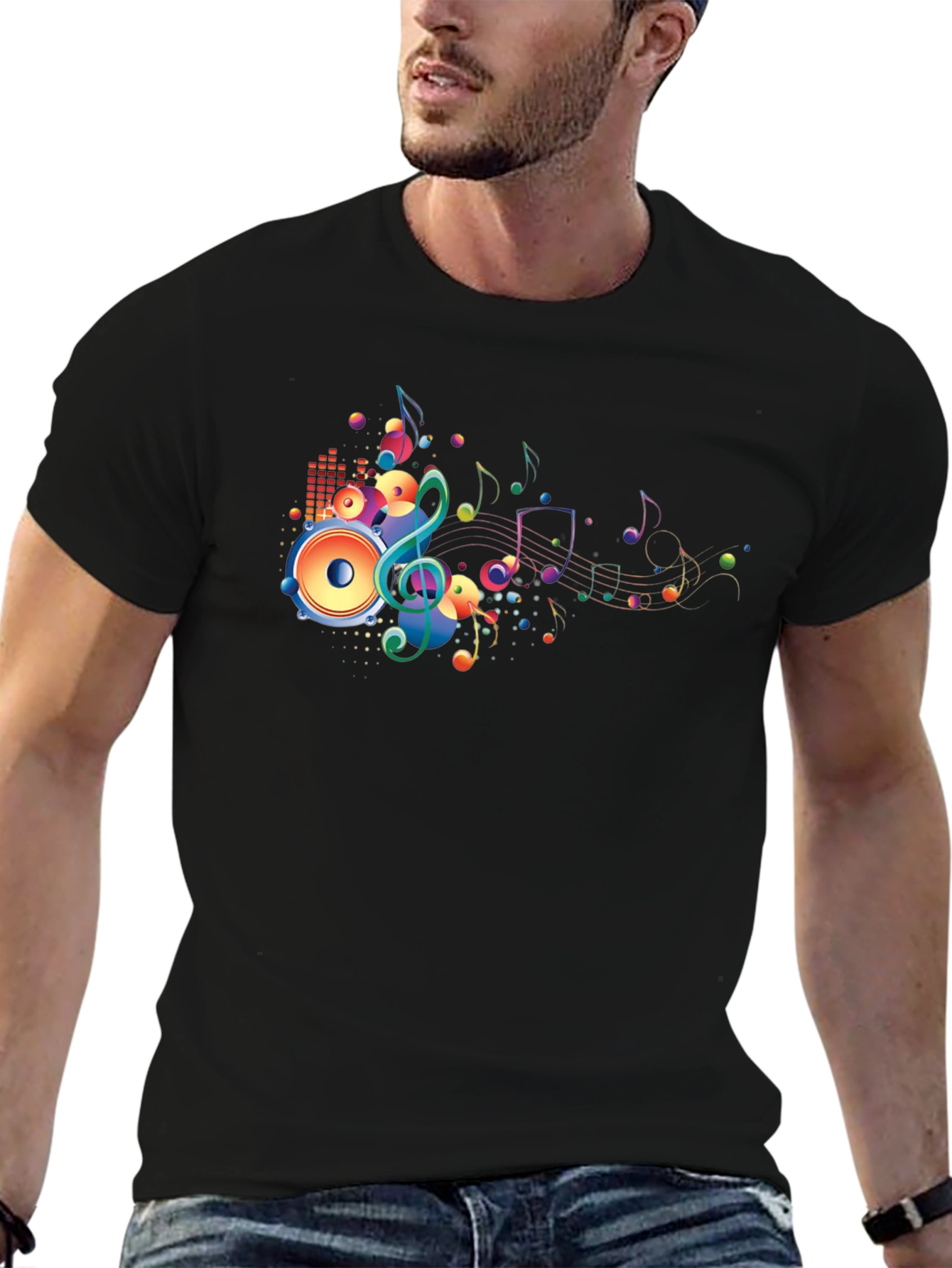 Vibrant Music Notes Graphic Black T-Shirt