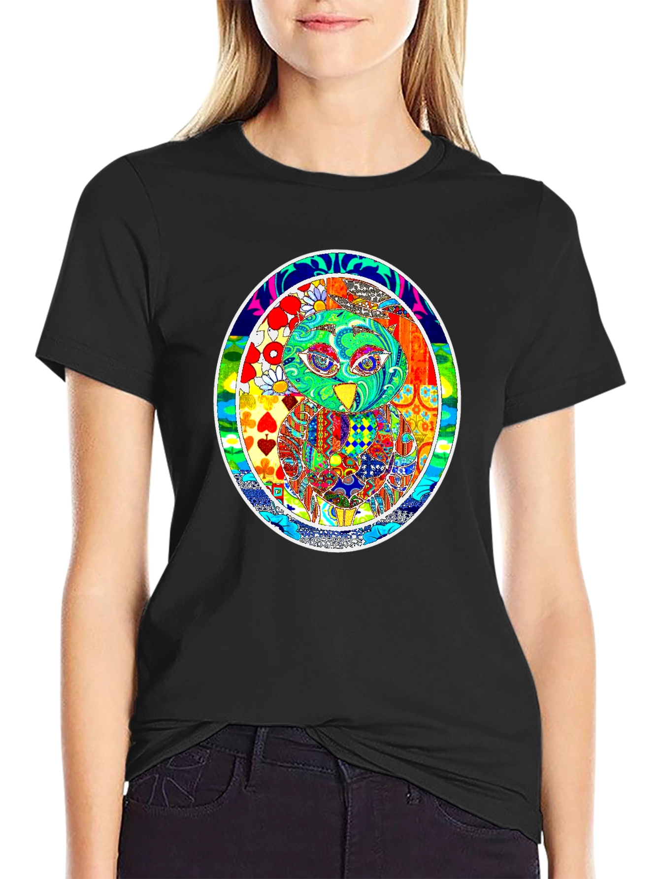 Psychedelic Owl Graphic T-Shirt - Black