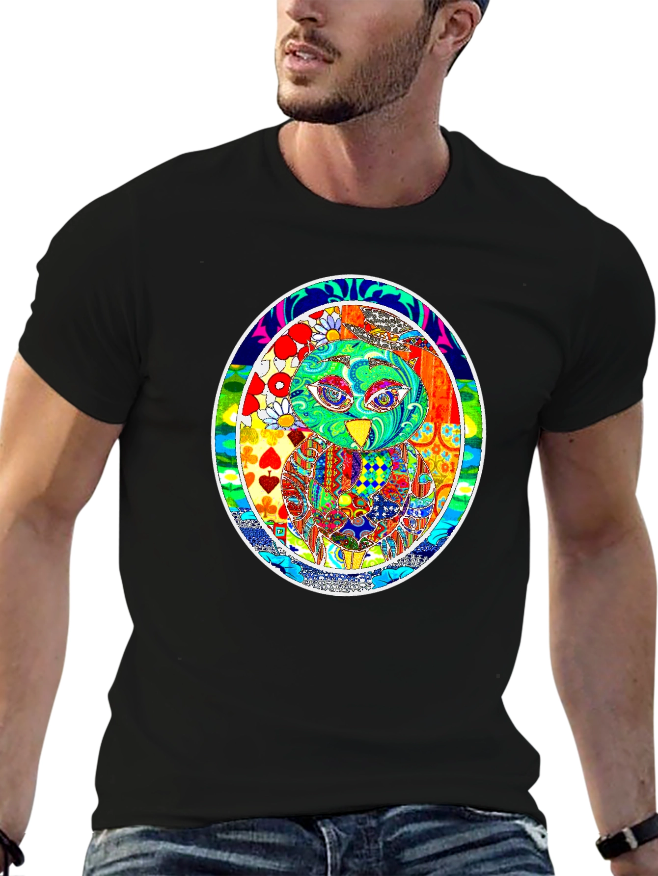 Psychedelic Owl Graphic T-Shirt - Black