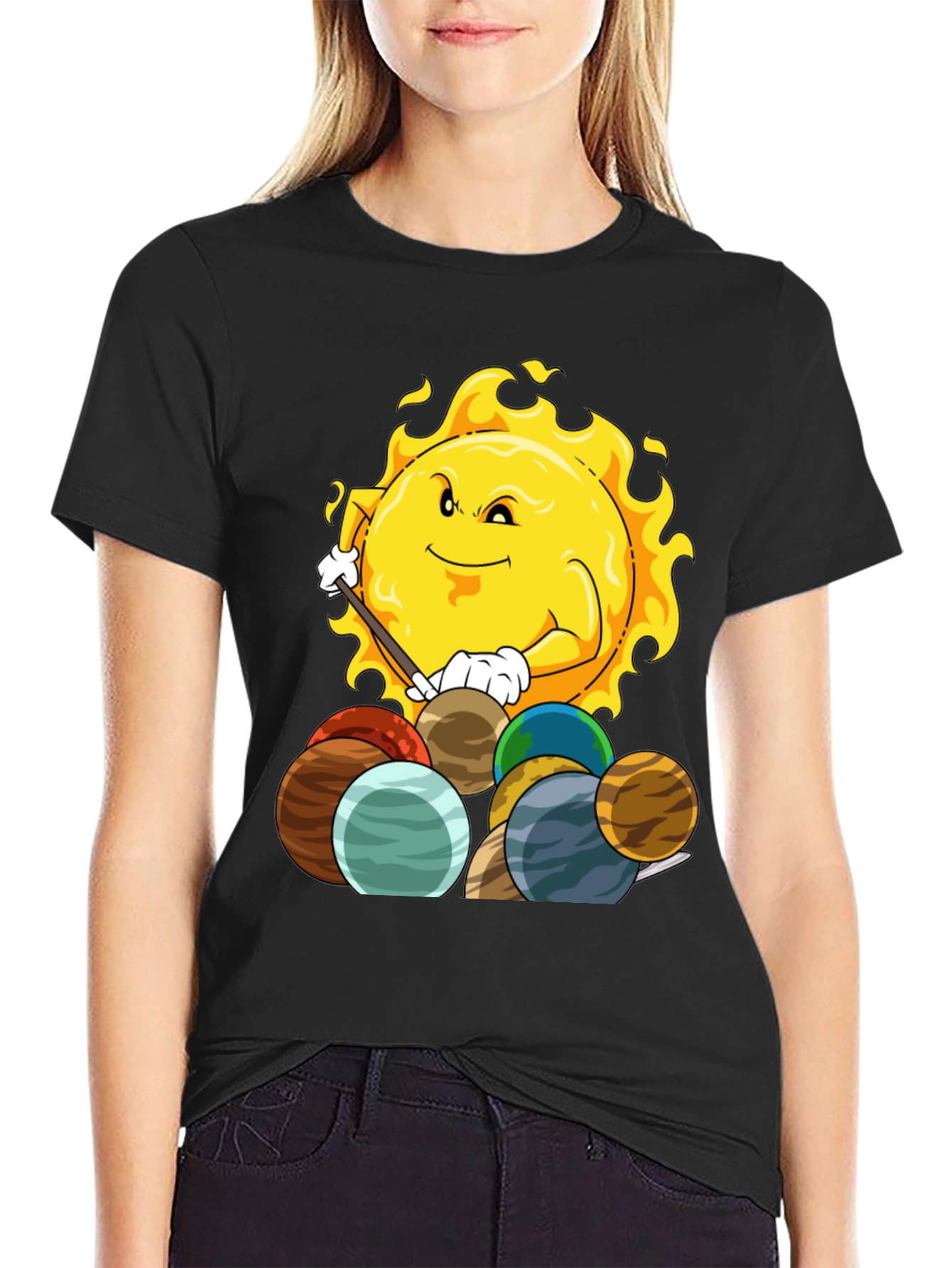 Sun Playing Pool with Planets Graphic Tee