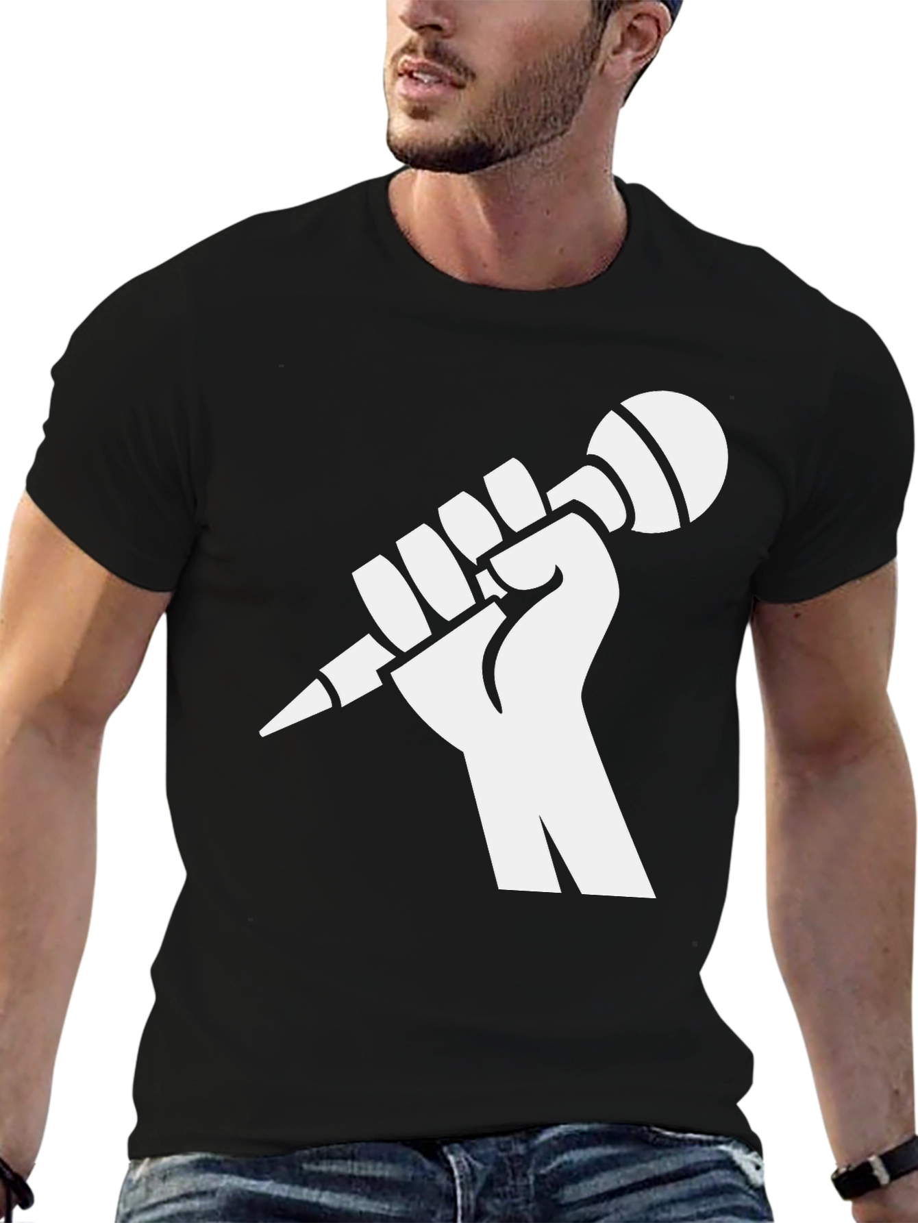 Black Tee: Raised Fist Microphone Design