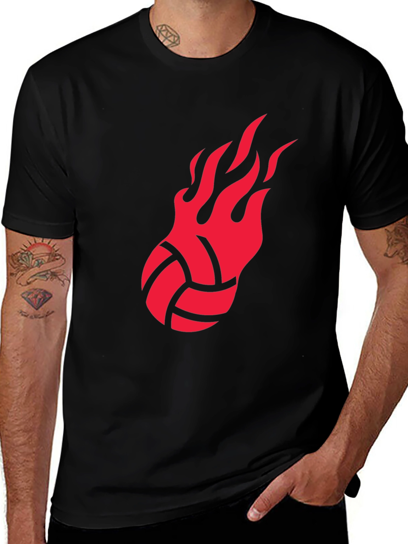 Fiery Volleyball Graphic Tee - Black Cotton Shirt