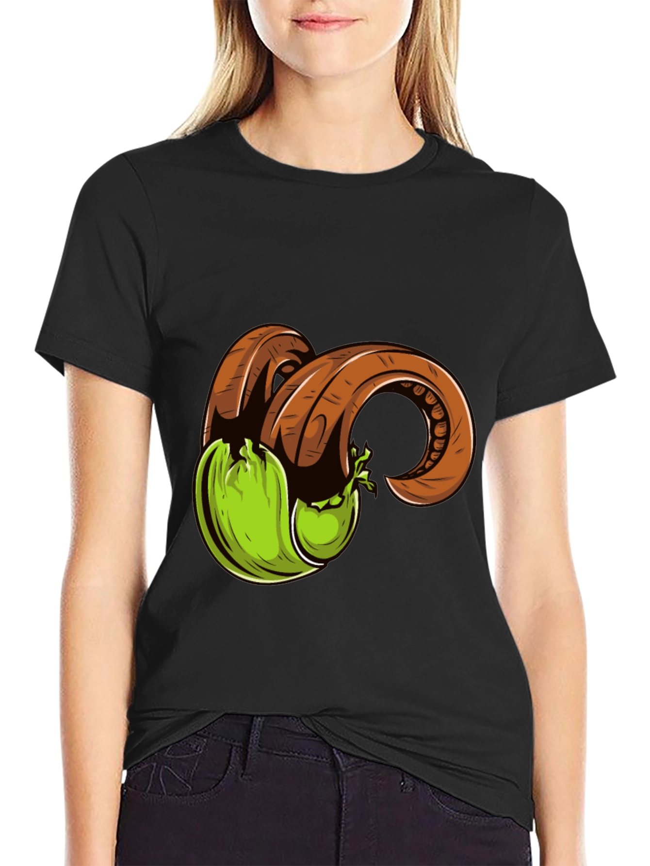 Black T-Shirt with Horned Fruit Graphic Print