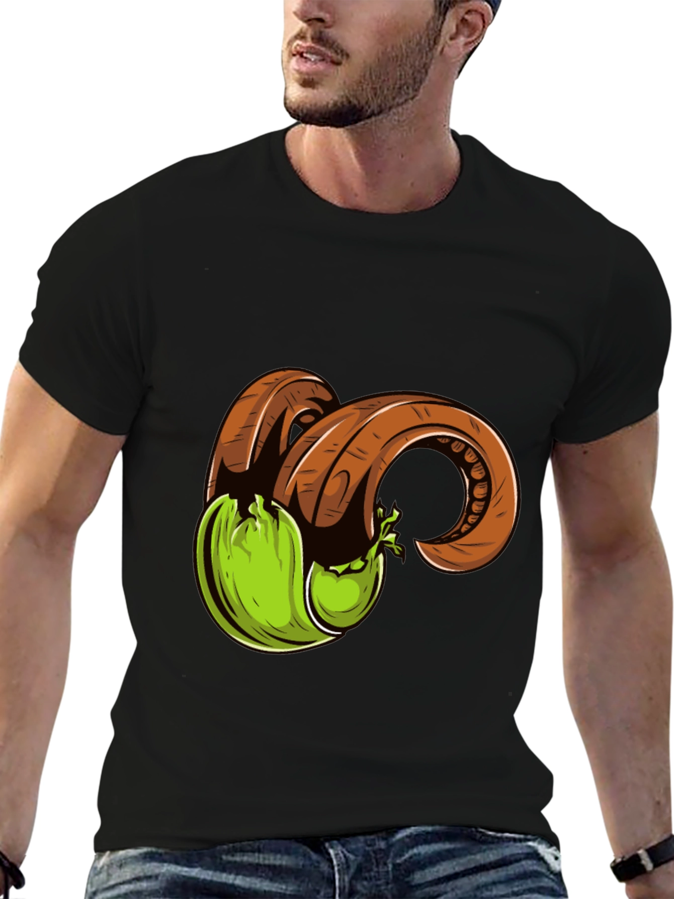 Black T-Shirt with Horned Fruit Graphic Print