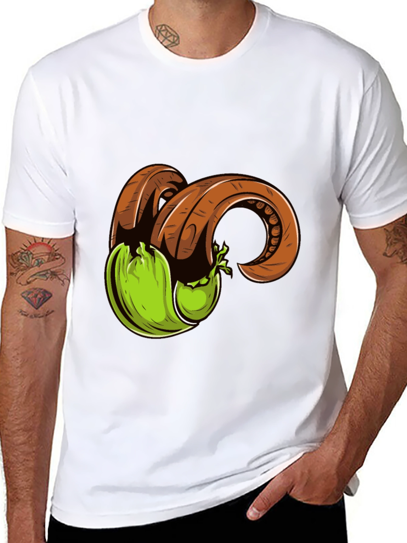 Black T-Shirt with Horned Fruit Graphic Print