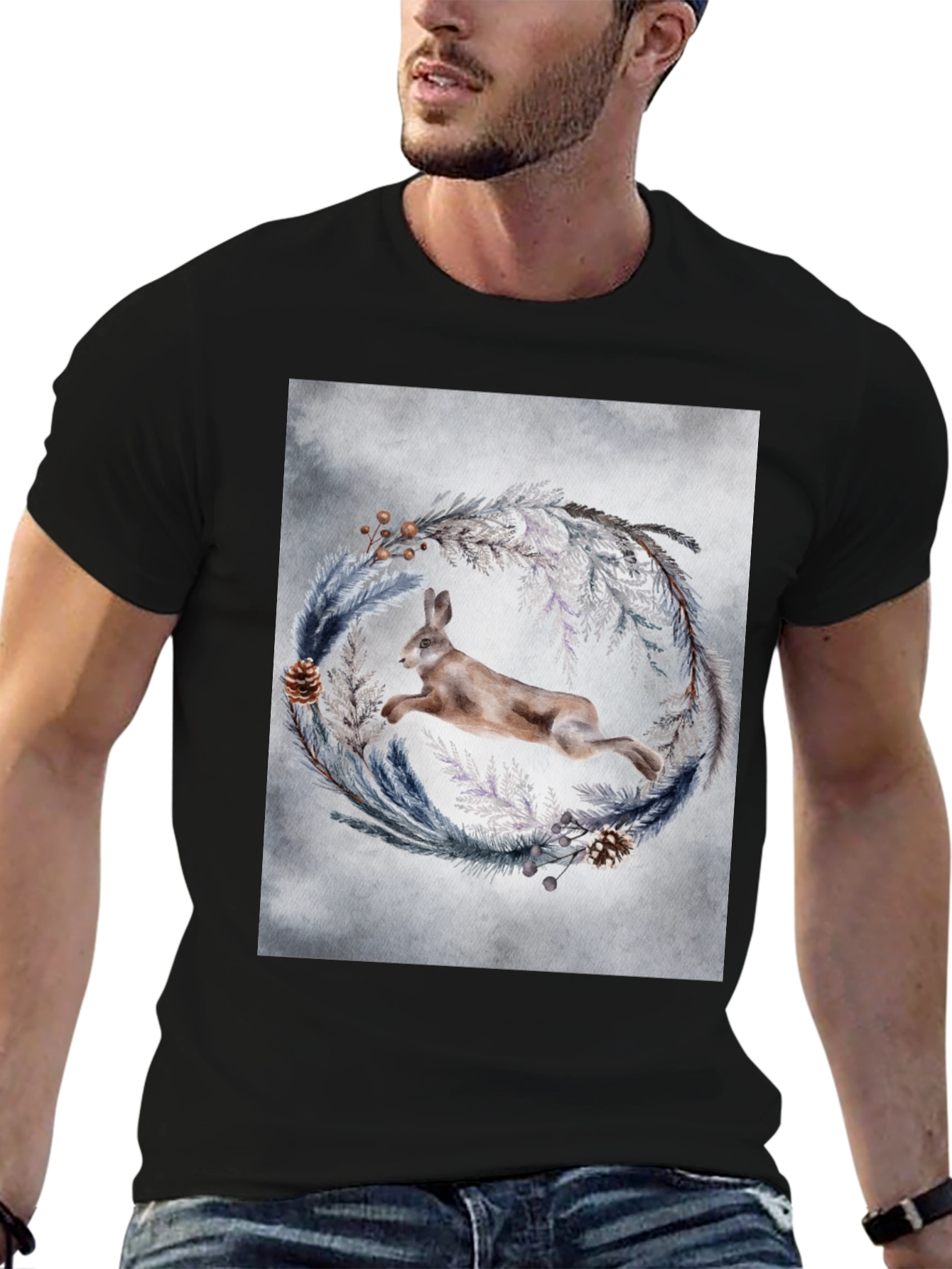 Leaping Hare Wreath Graphic T-Shirt