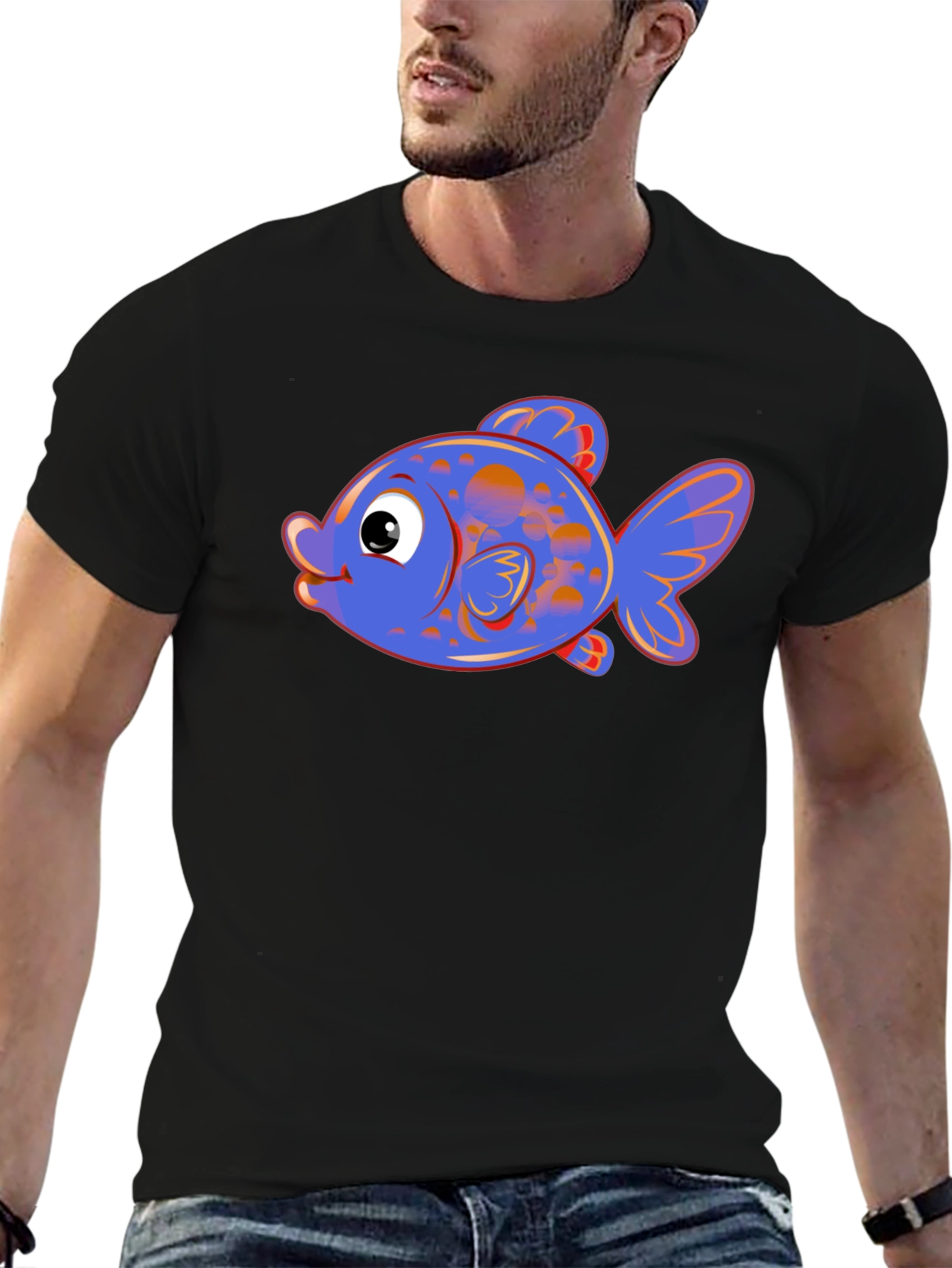 Cartoon Fish Graphic Tee - Black Cotton Blend