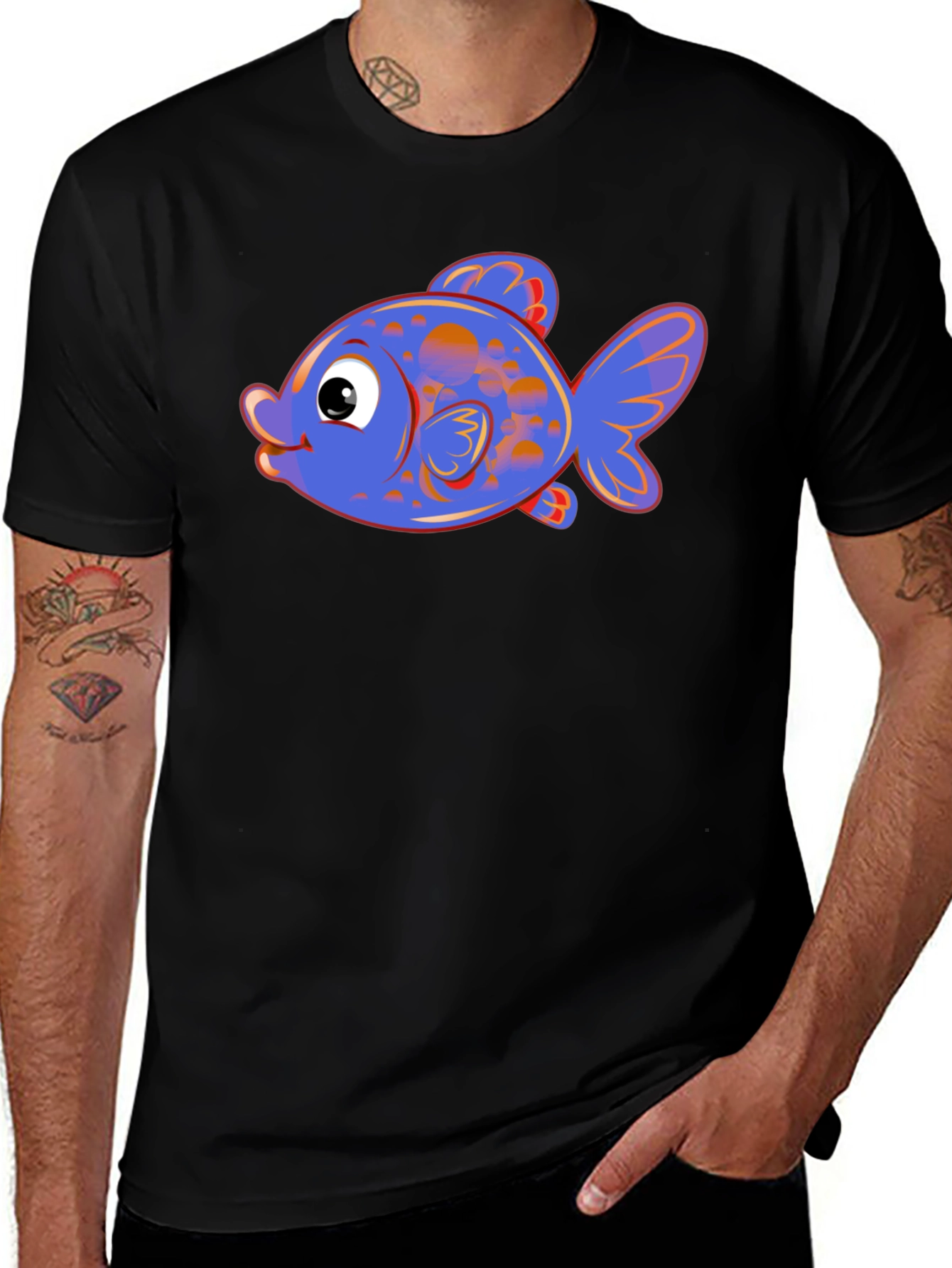Cartoon Fish Graphic Tee - Black Cotton Blend
