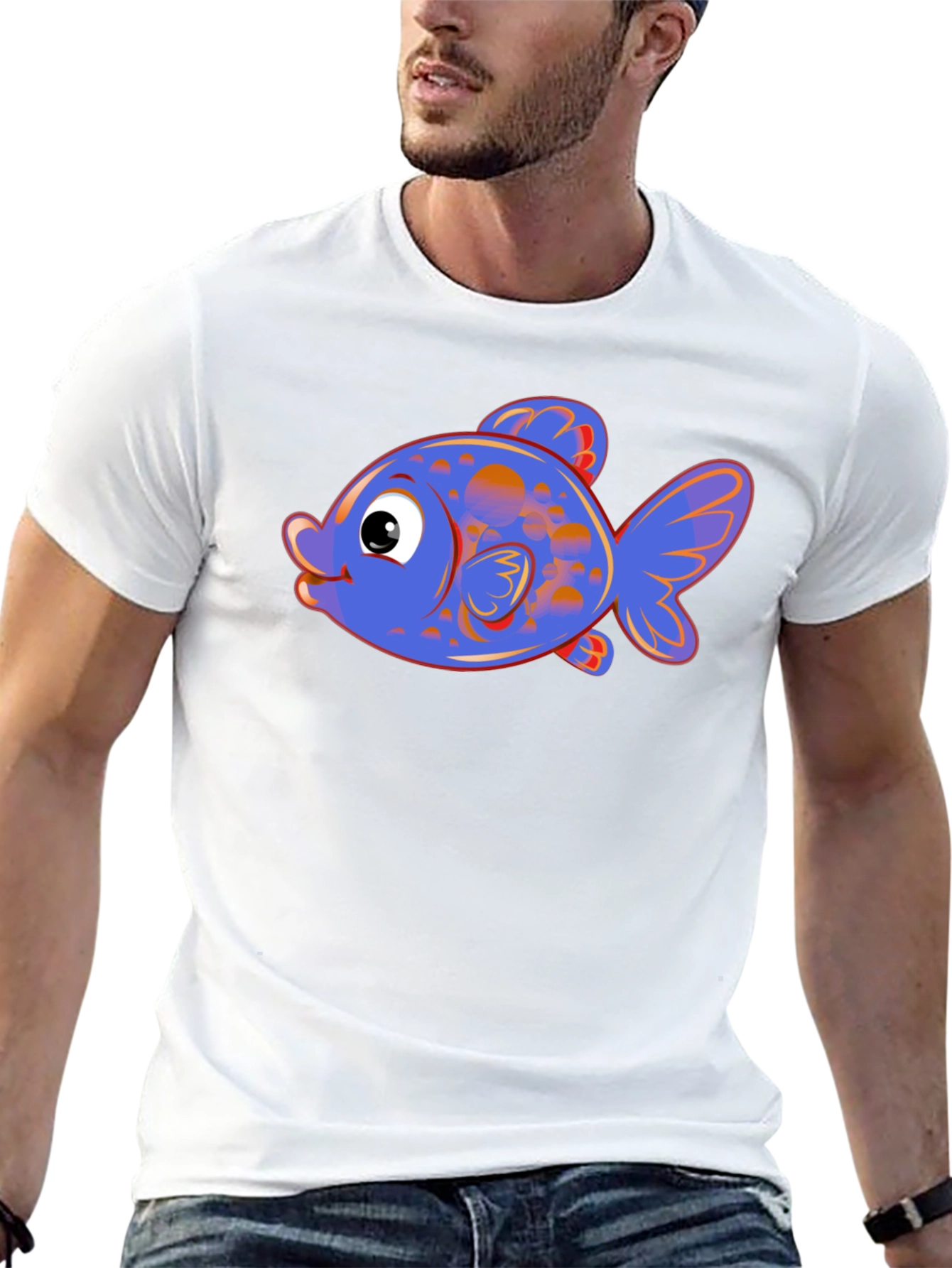 Cartoon Fish Graphic Tee - Black Cotton Blend