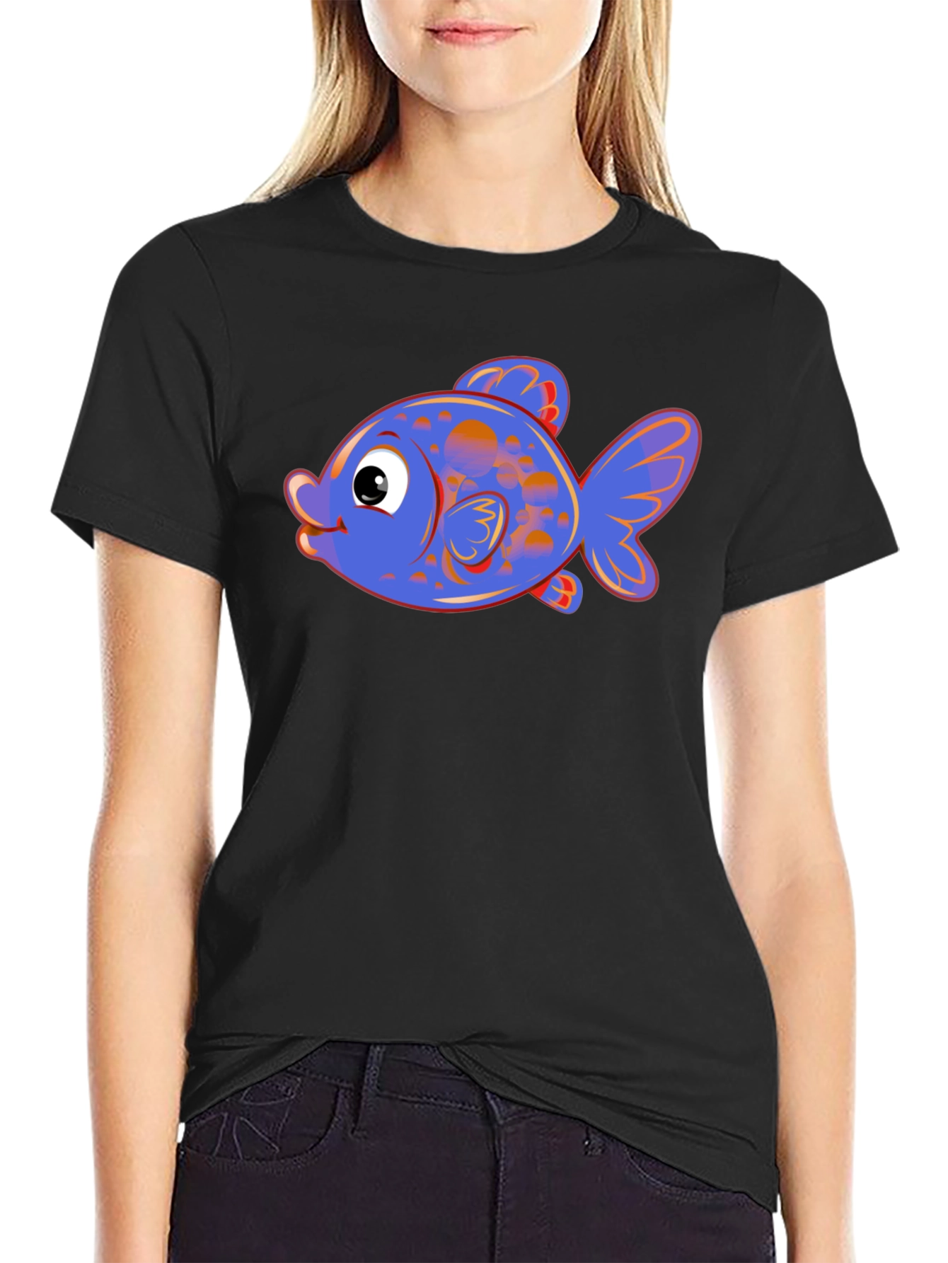 Cartoon Fish Graphic Tee - Black Cotton Blend