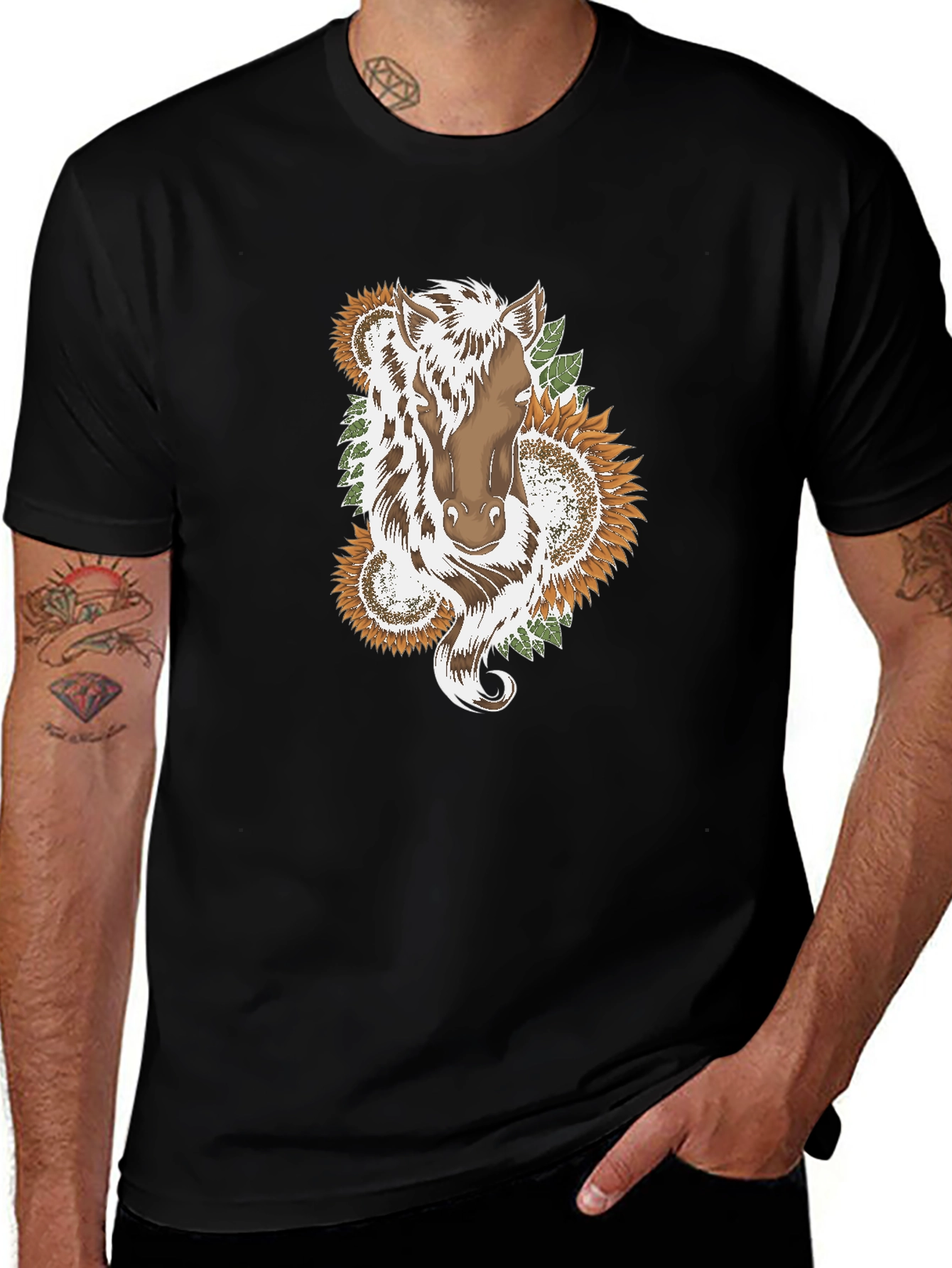 Horse & Sunflower Graphic Black T-Shirt