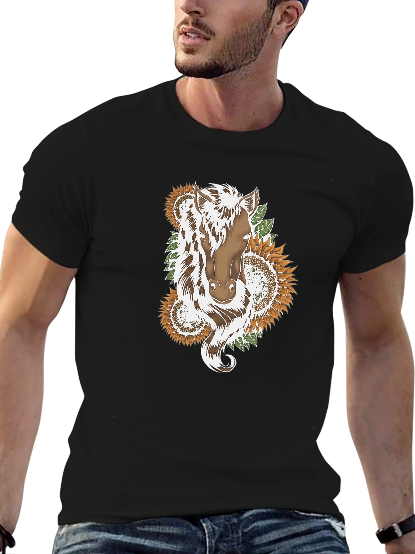Horse & Sunflower Graphic Black T-Shirt