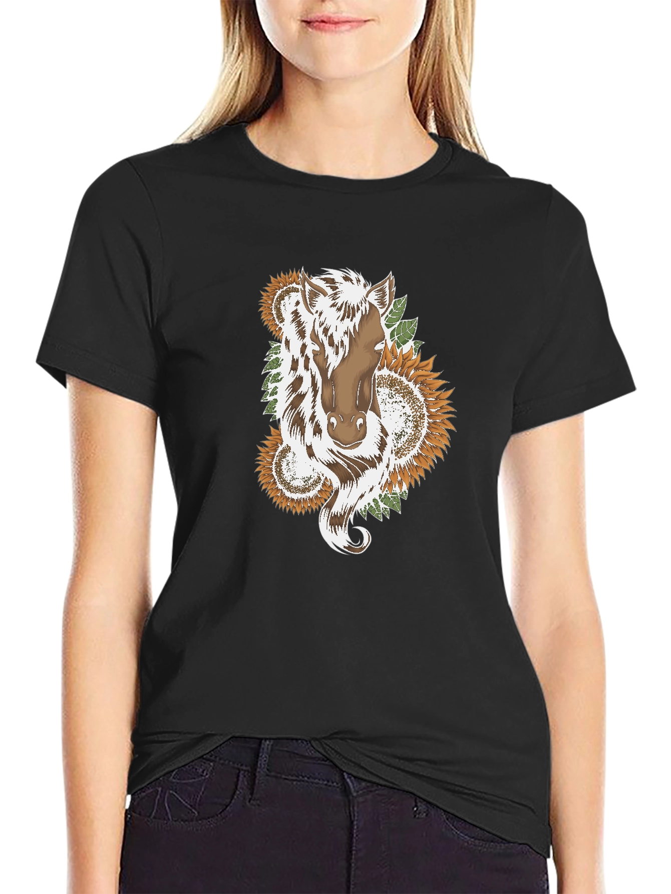 Horse & Sunflower Graphic Black T-Shirt