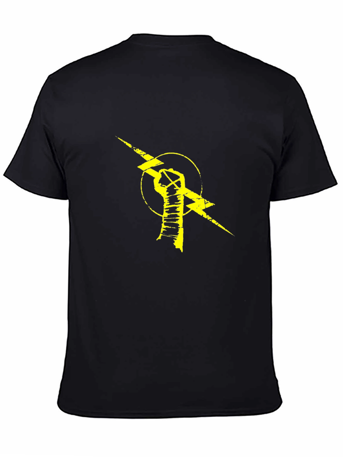Black T-Shirt with Yellow Lightning Bolt Fist Graphic