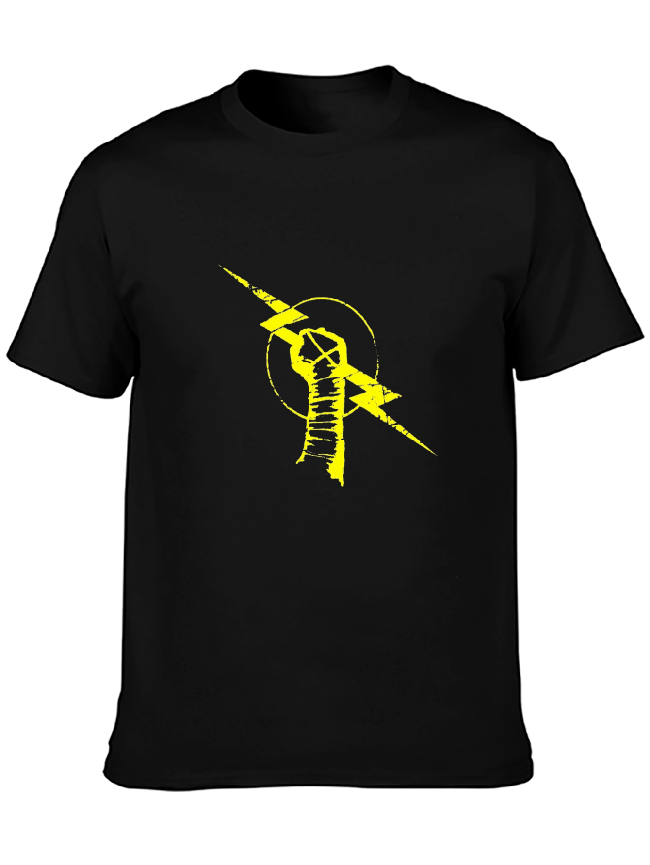 Black T-Shirt with Yellow Lightning Bolt Fist Graphic