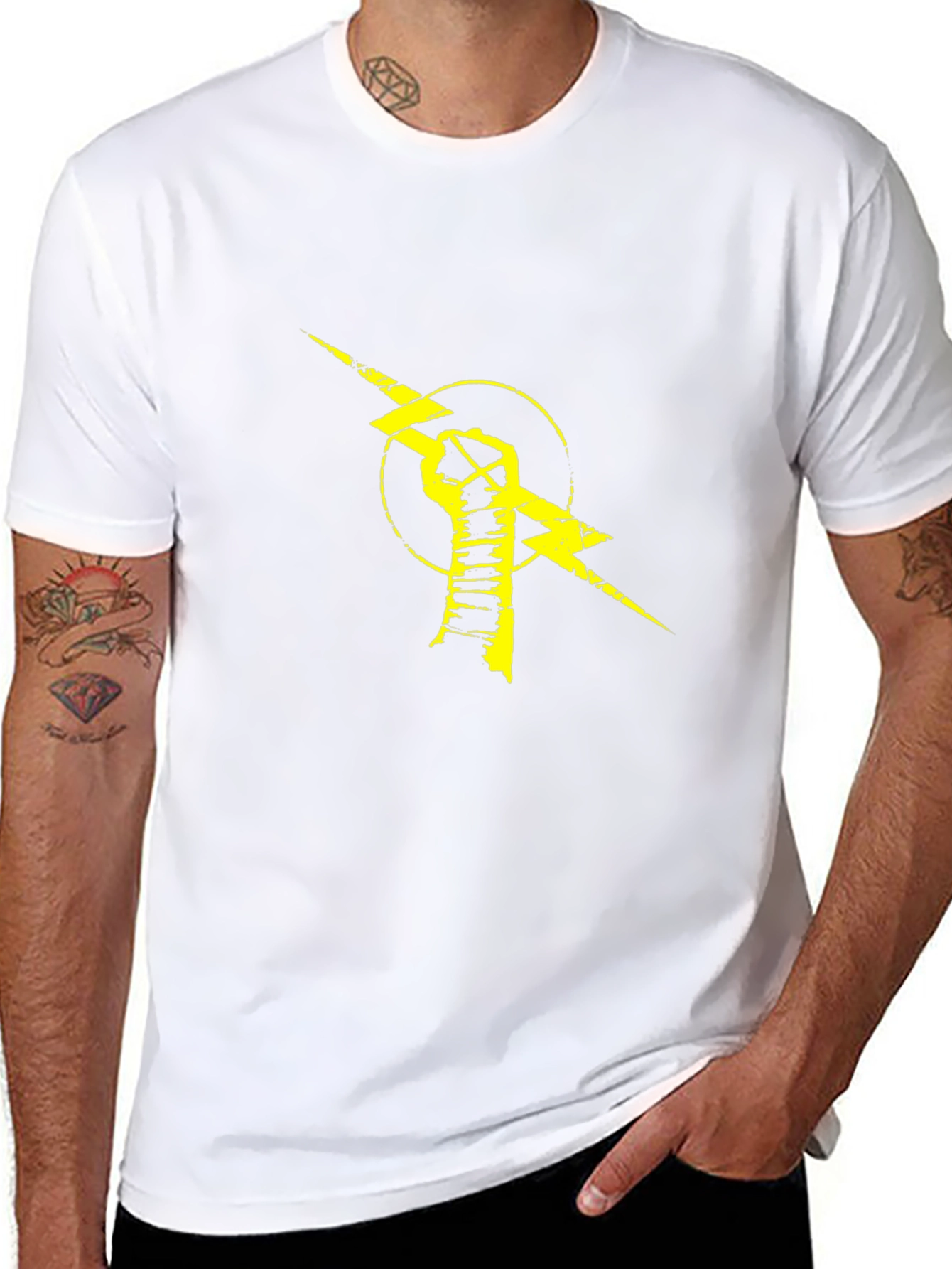 Black T-Shirt with Yellow Lightning Bolt Fist Graphic