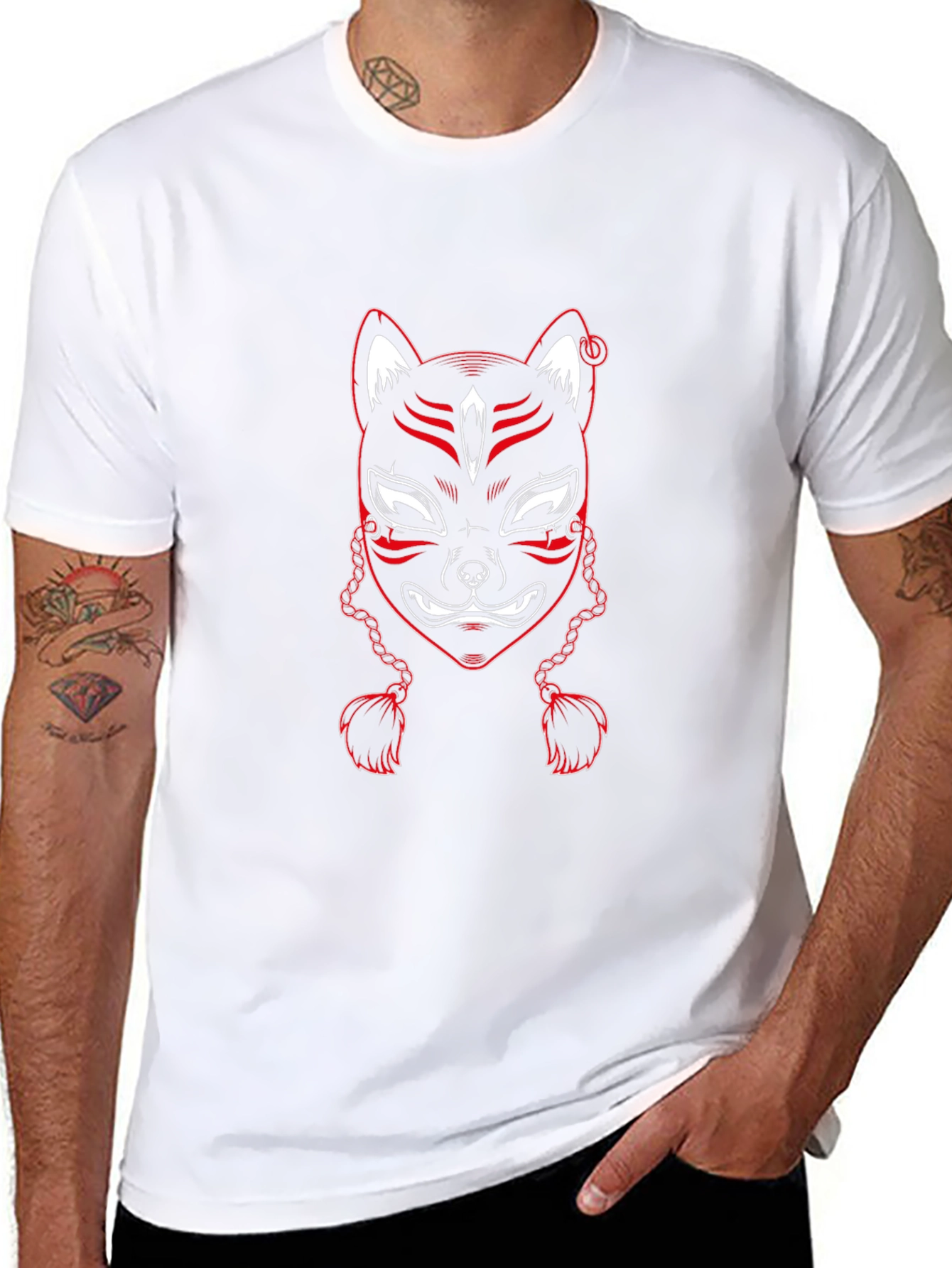 Red Kitsune Mask Graphic Tee - Black