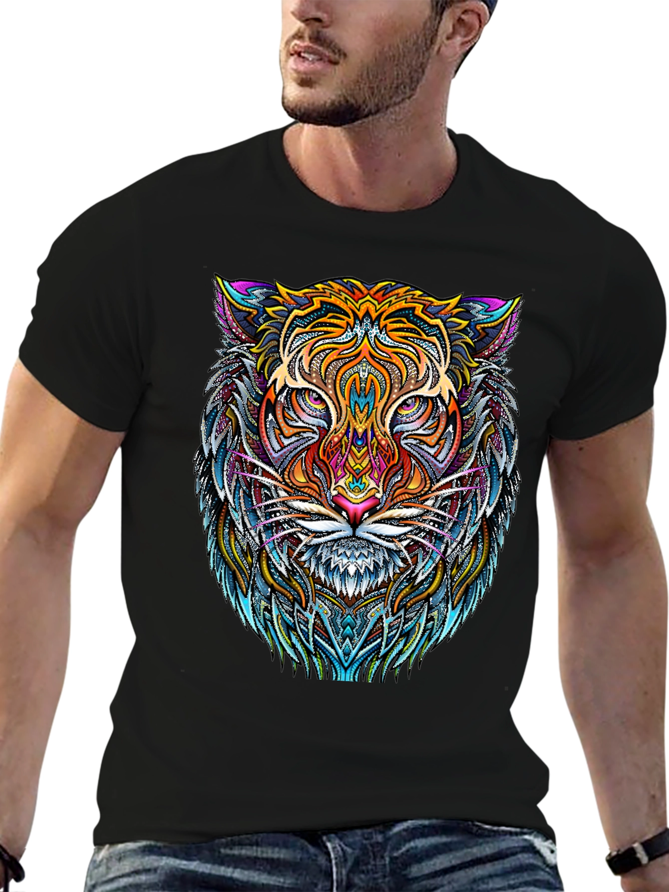 Psychedelic Tiger Graphic Tee - Bold Black T-Shirt