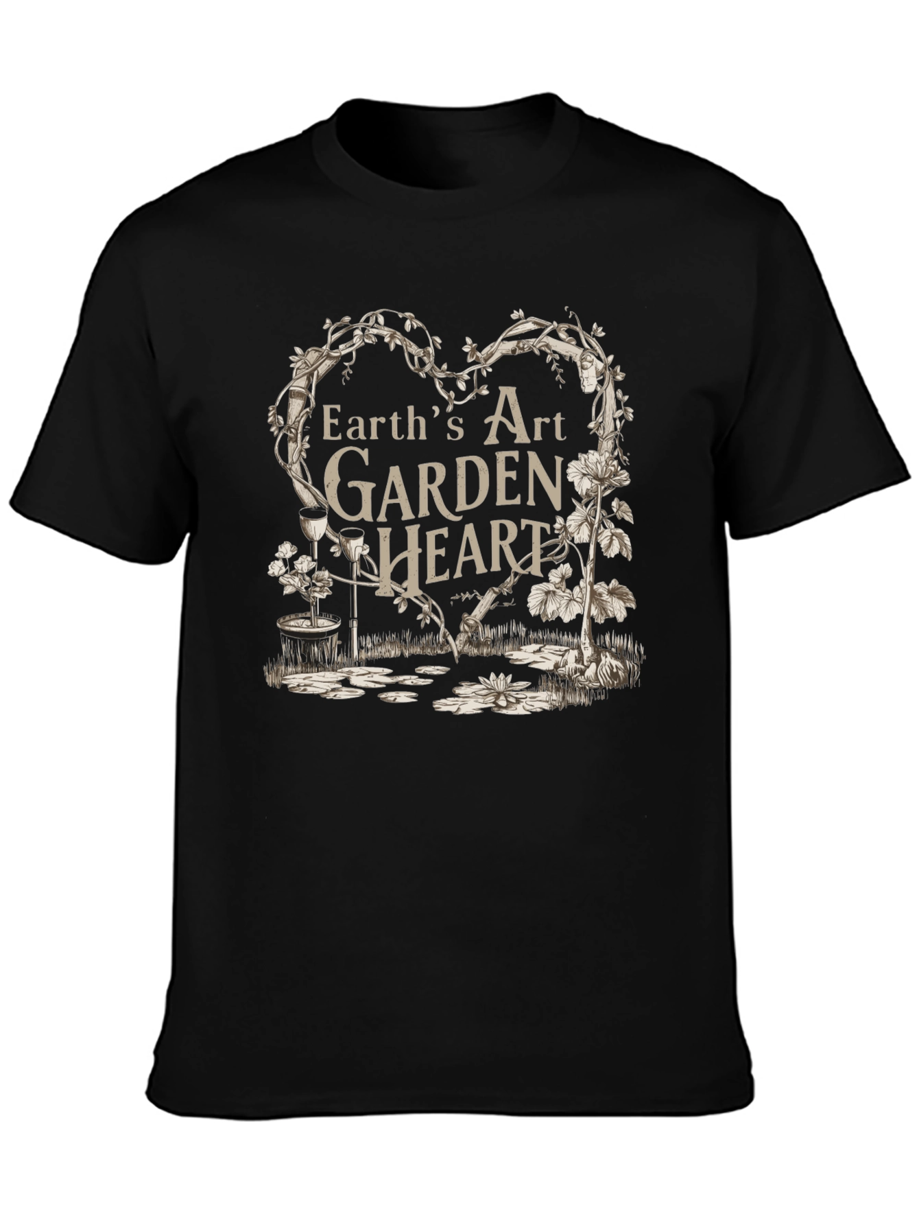 Earths Art Garden Heart Black T-Shirt