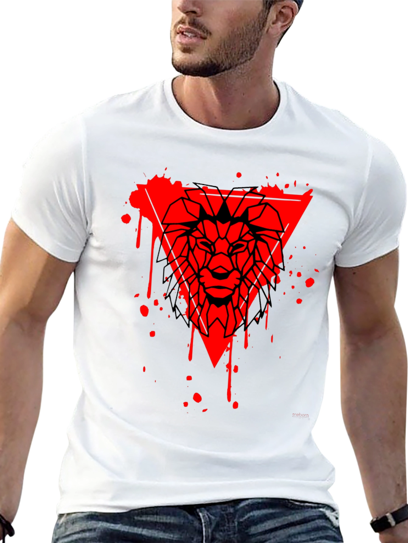 Geometric Lion Head Graphic Tee - Black