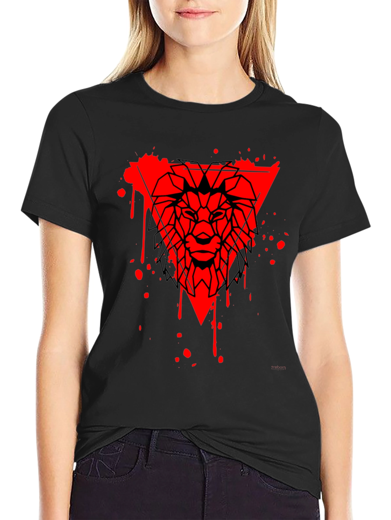 Geometric Lion Head Graphic Tee - Black