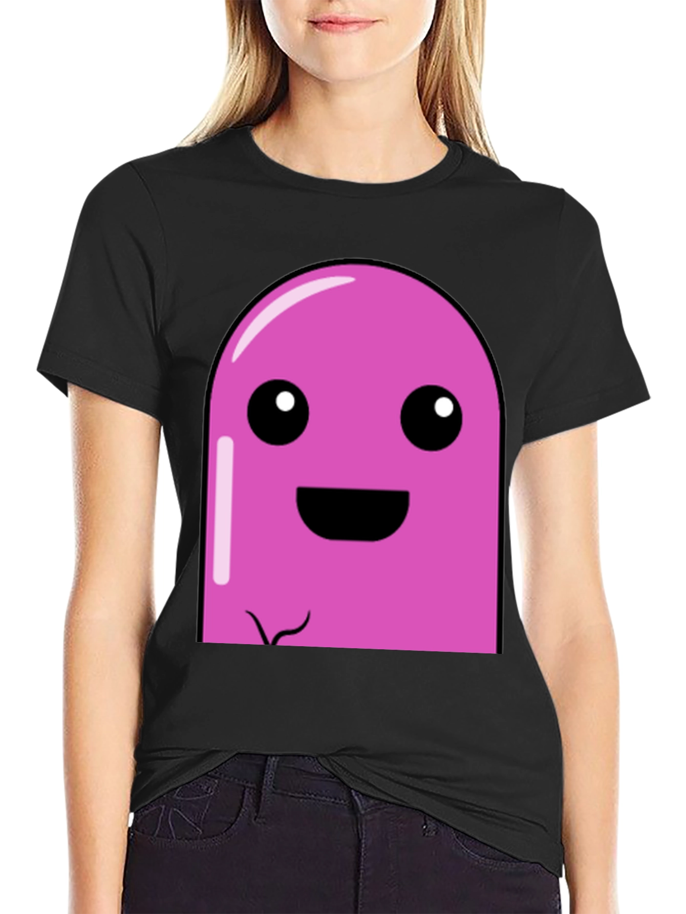 Pink Cartoon Character Graphic Black T-Shirt