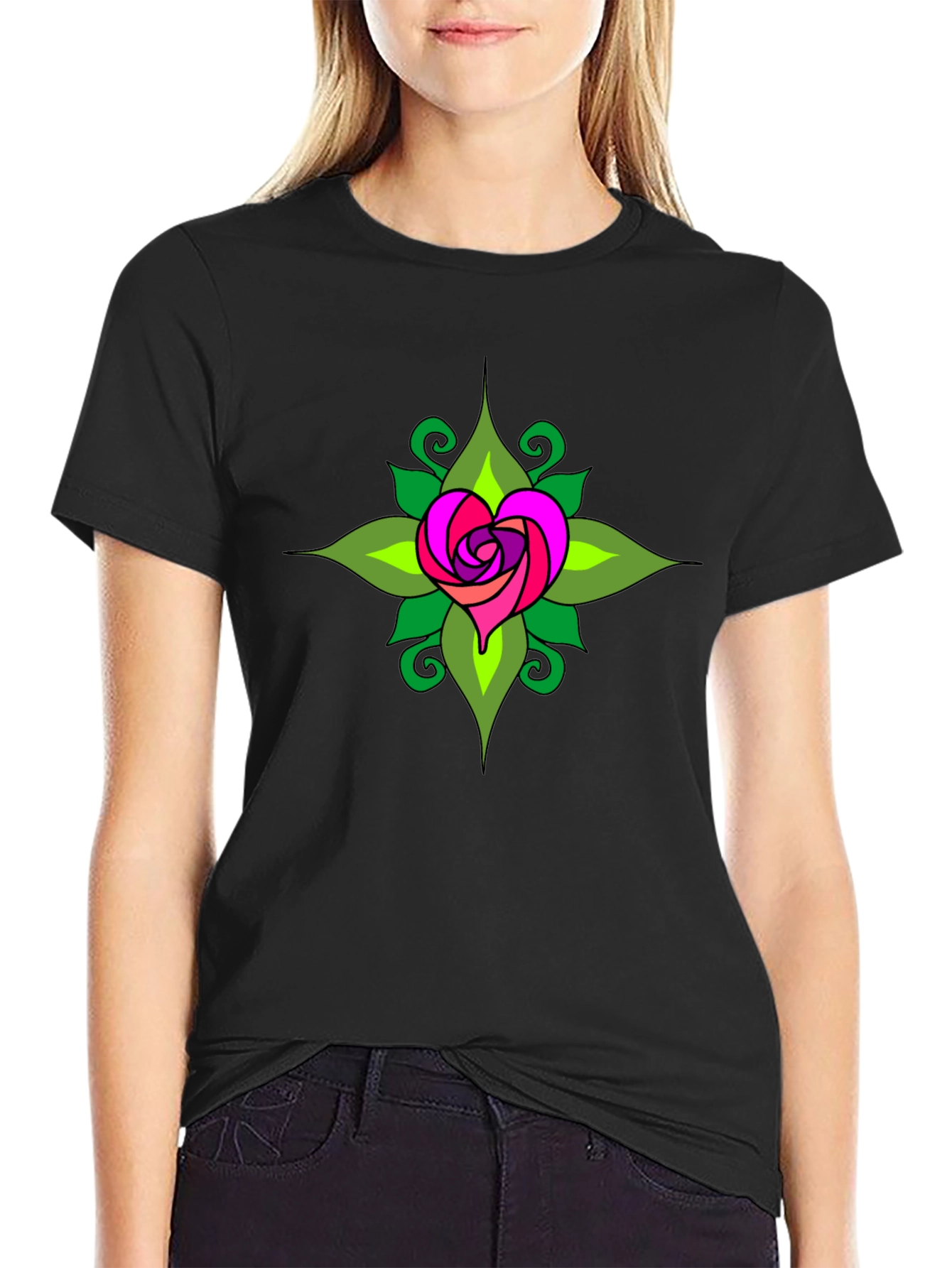 Heart Rose Mandala Black T-Shirt